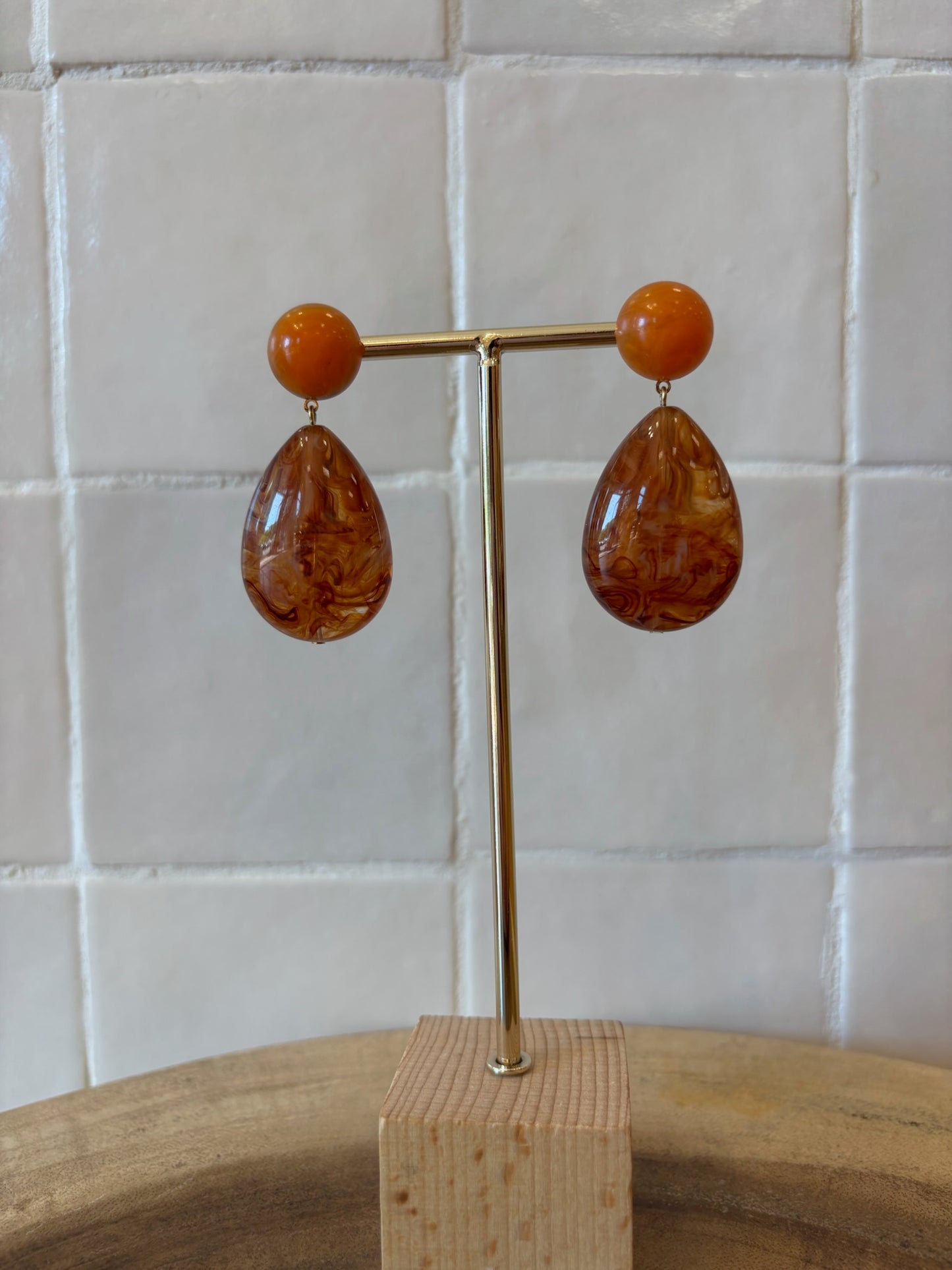 Cuba Pierced Earrings caramel brown amber transparent marble