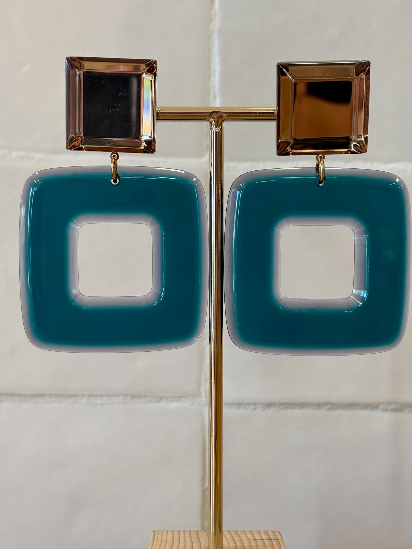 Leya square earrings blue duck transparent & mirror