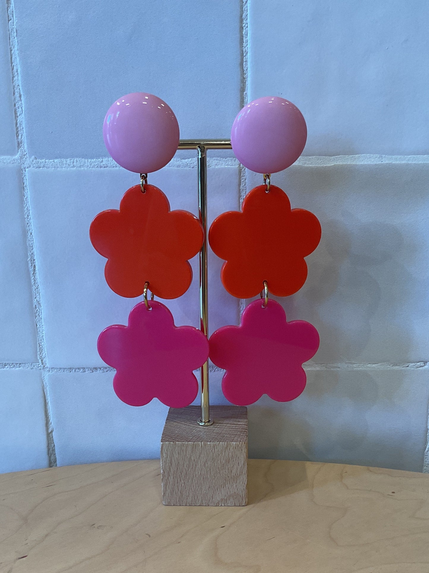 Retro Flower Large Pink Orange Earrings