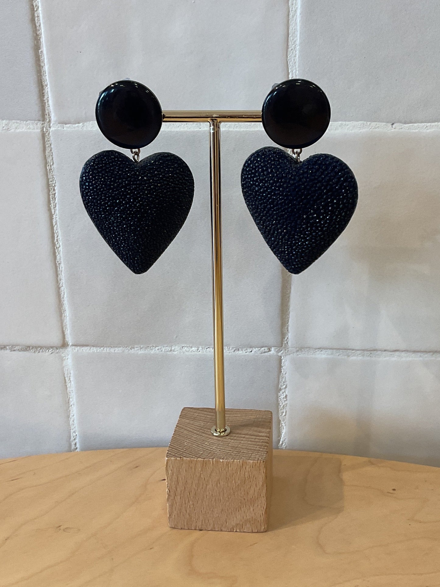 Heart XL Pierced Earrings Galuchat Leather Blue Navy