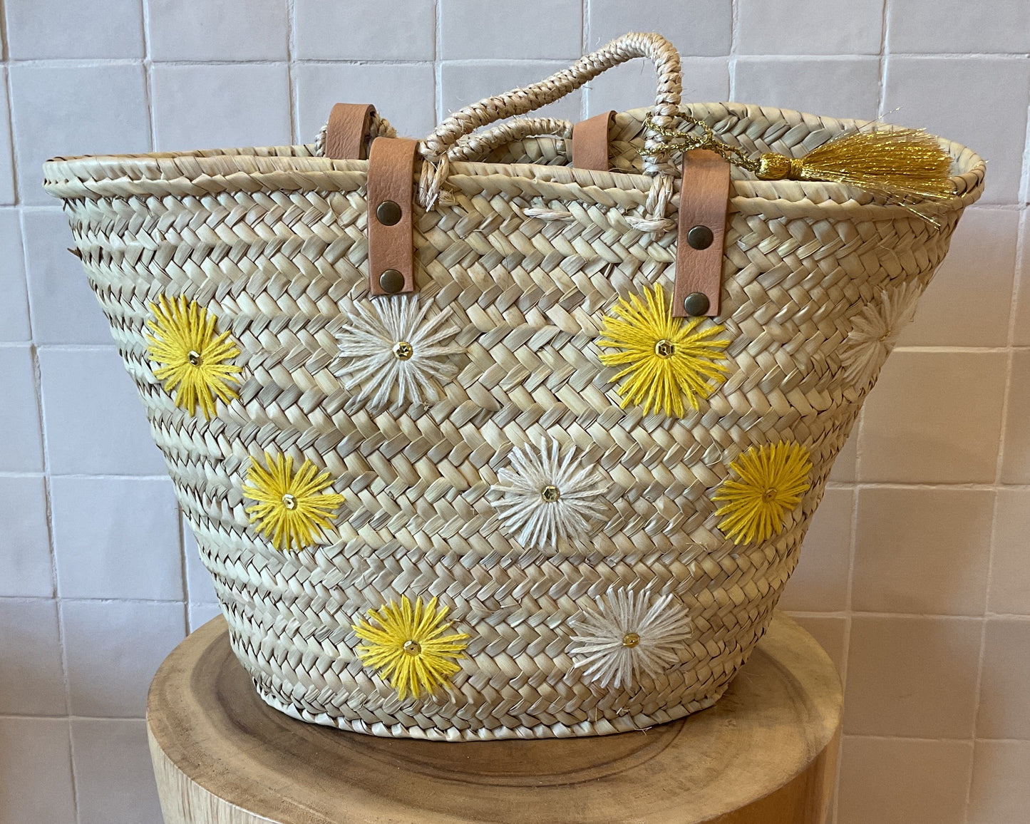 Moroccan Basket Multi Flowers White and Yellow