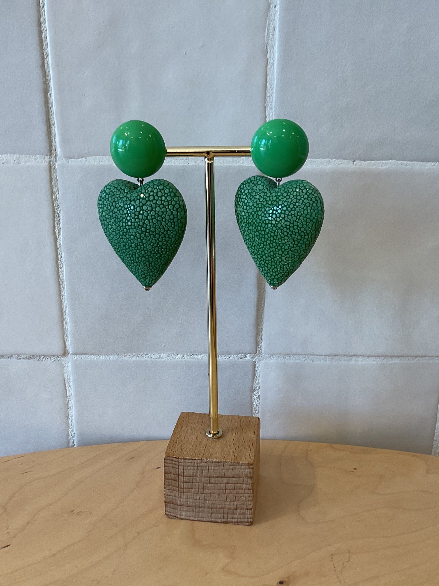 Heart XL Pierced Earrings Galuchat Leather Green