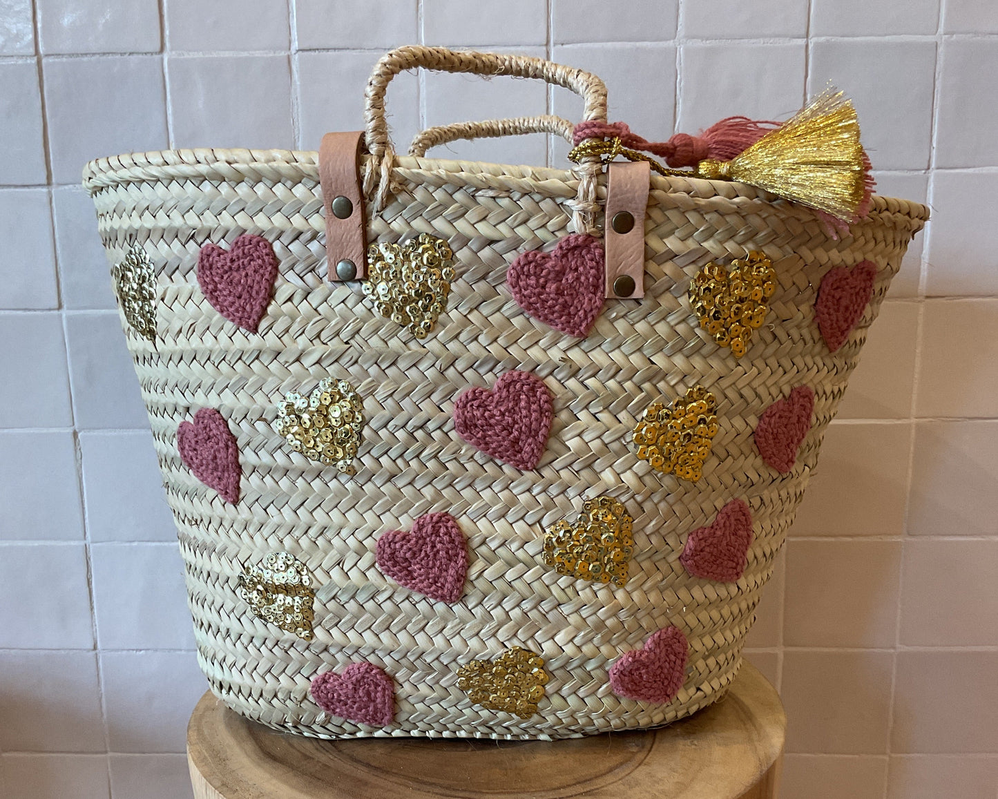 Moroccan Basket Multi O Pink & Gold Sequins Hearts (2P)