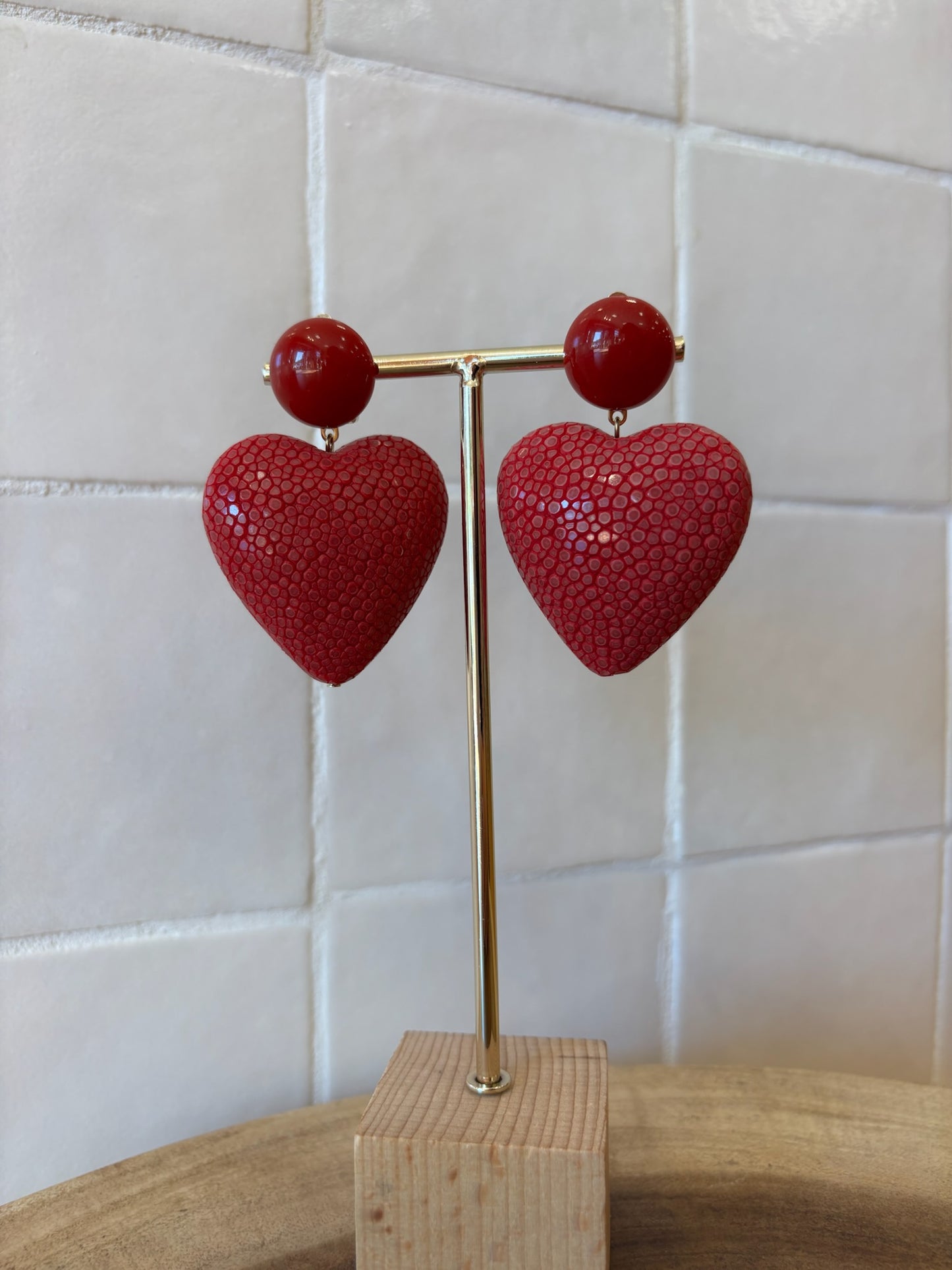 Heart XL Clip Earrings Galuchat Leather Raspberry Pink