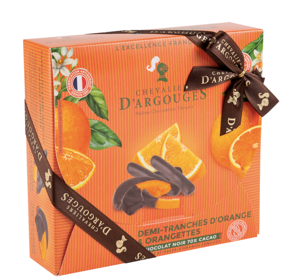 Assortment of candied orange peels & slices coated w/ dark chocolate, gift box 170g (6oz) - Chevaliers d'Argouges