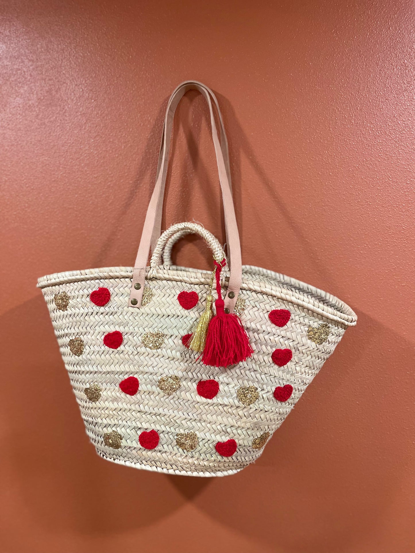 Moroccan Basket Bag Multi Red & Gold sequins Hearts