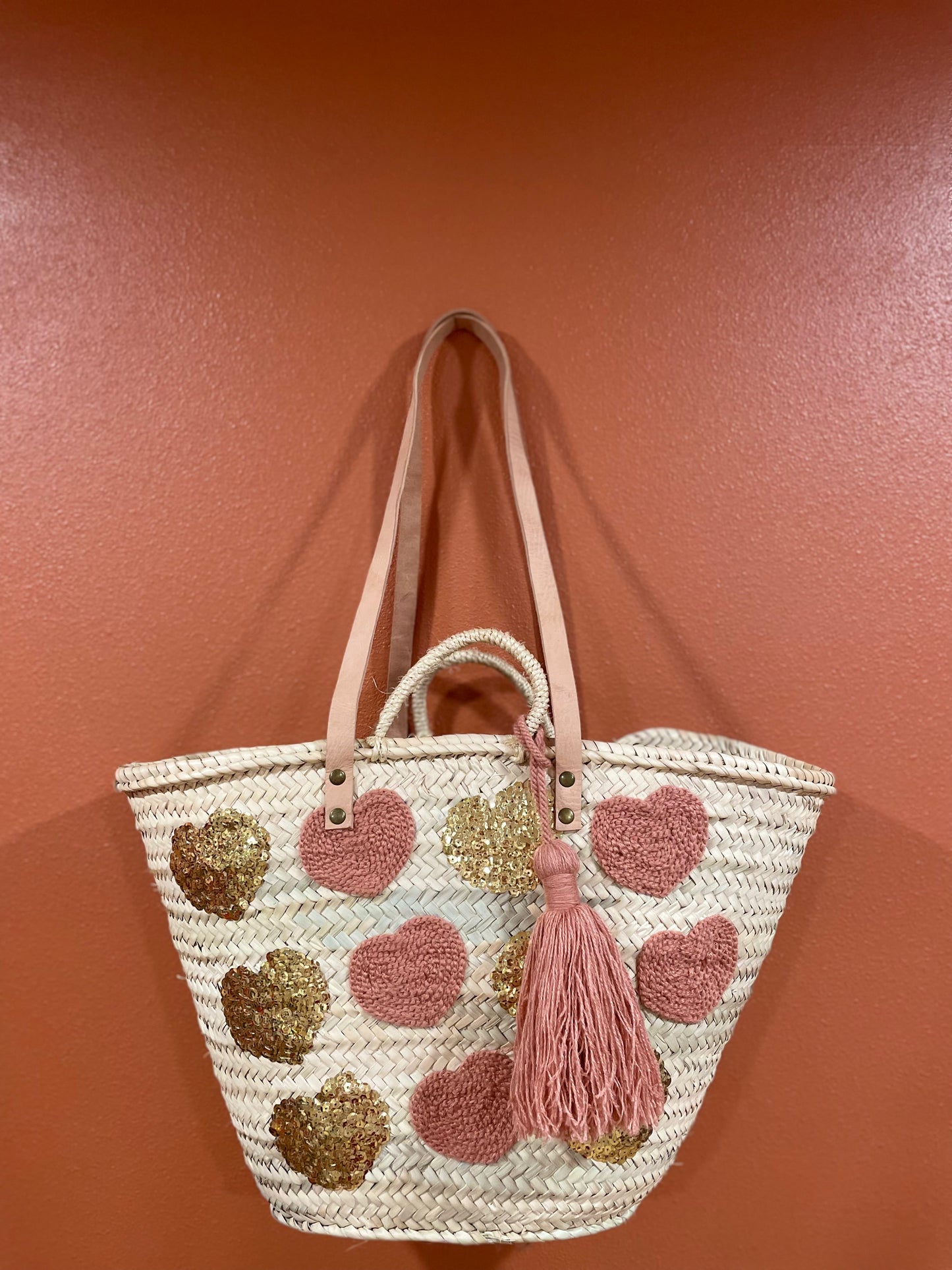 Moroccan Basket Bag Multi Pink & Gold sequins Big Hearts