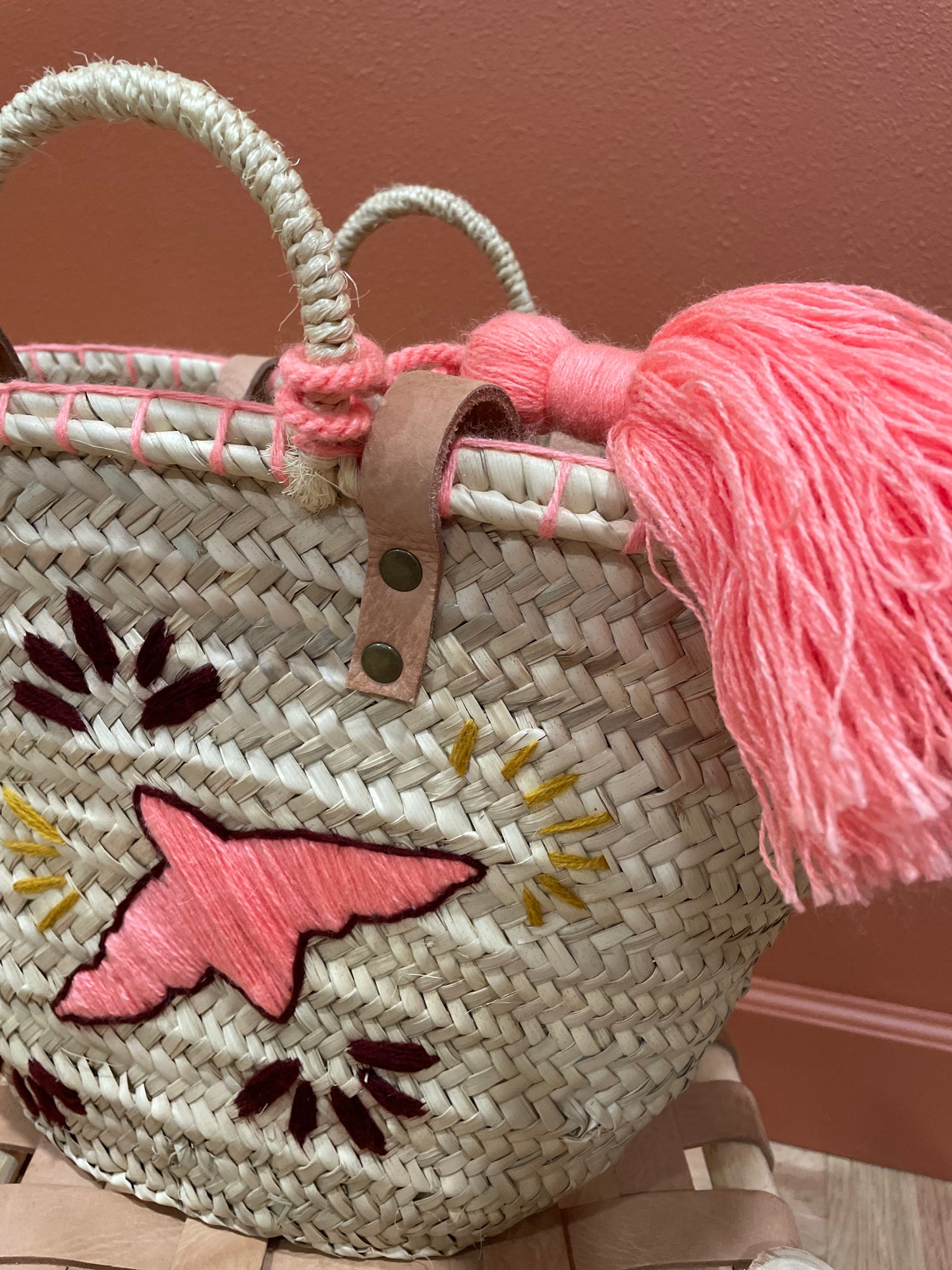 Moroccan Basket Bag Bird Coral