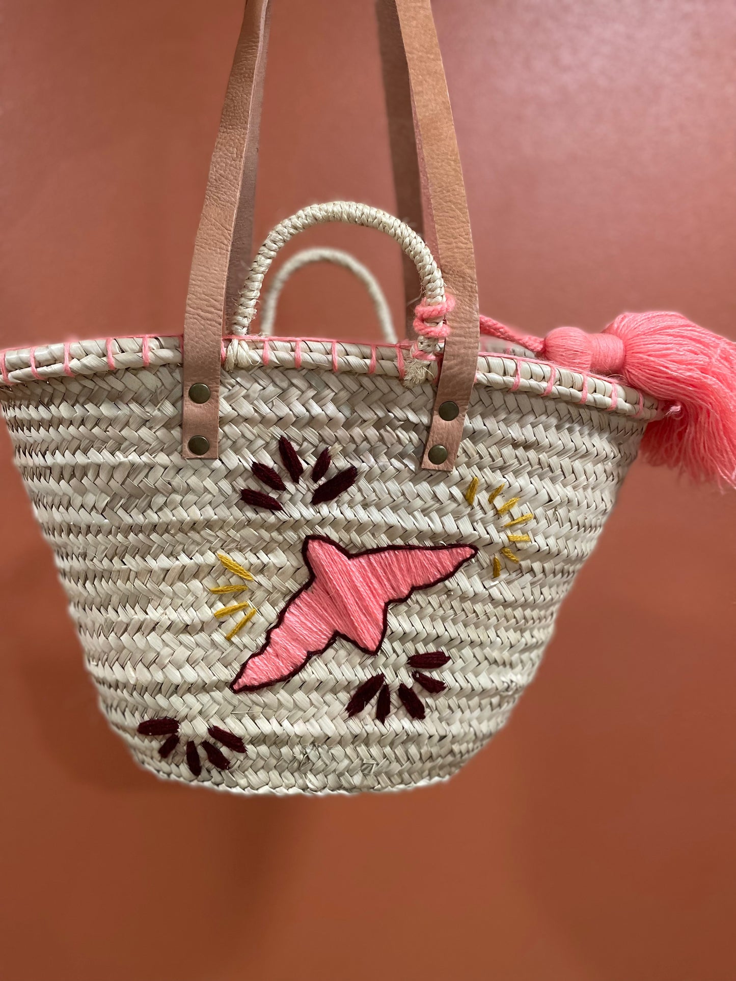 Moroccan Basket Bag Bird Coral