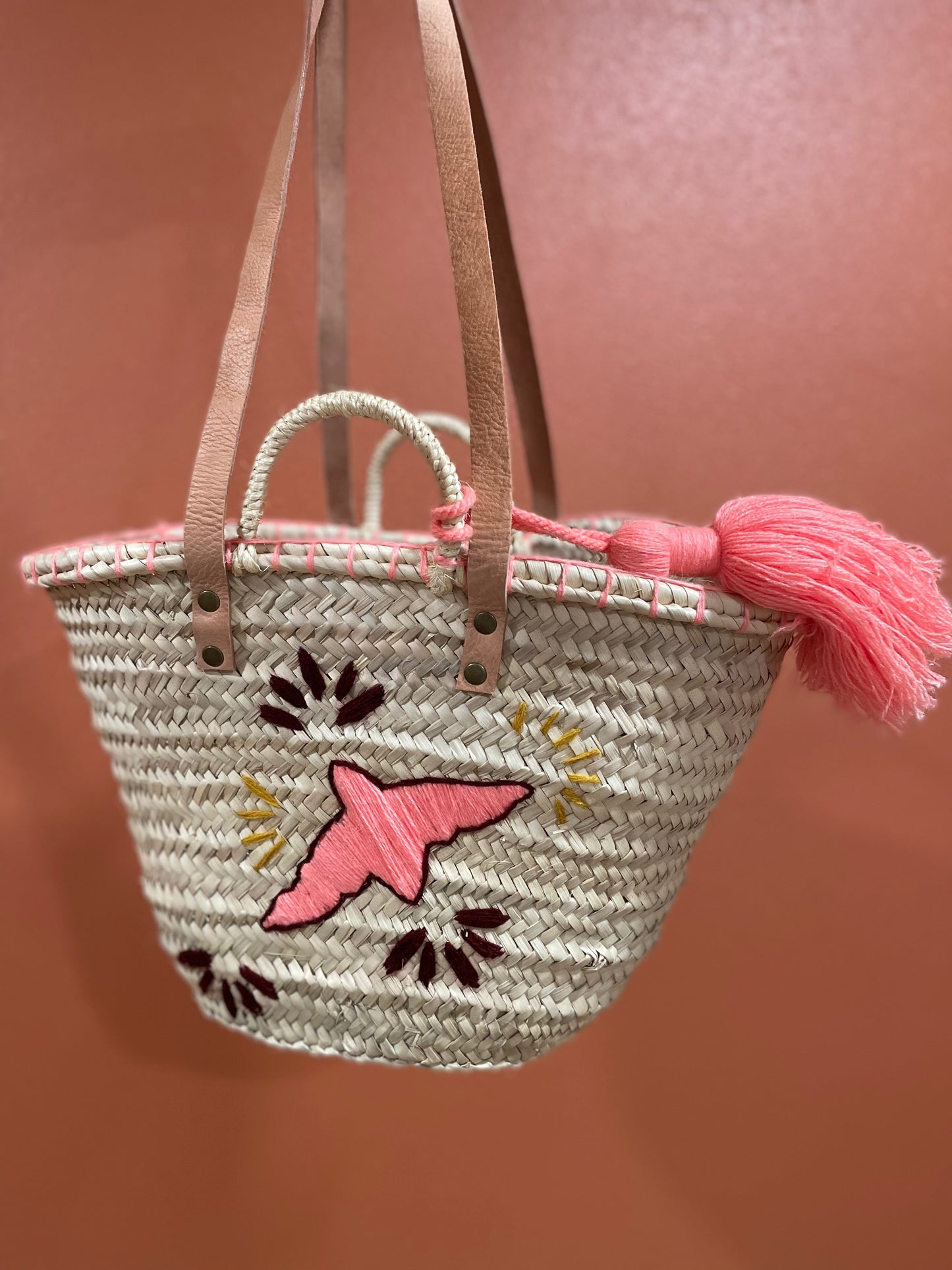 Moroccan Basket Bag Bird Coral