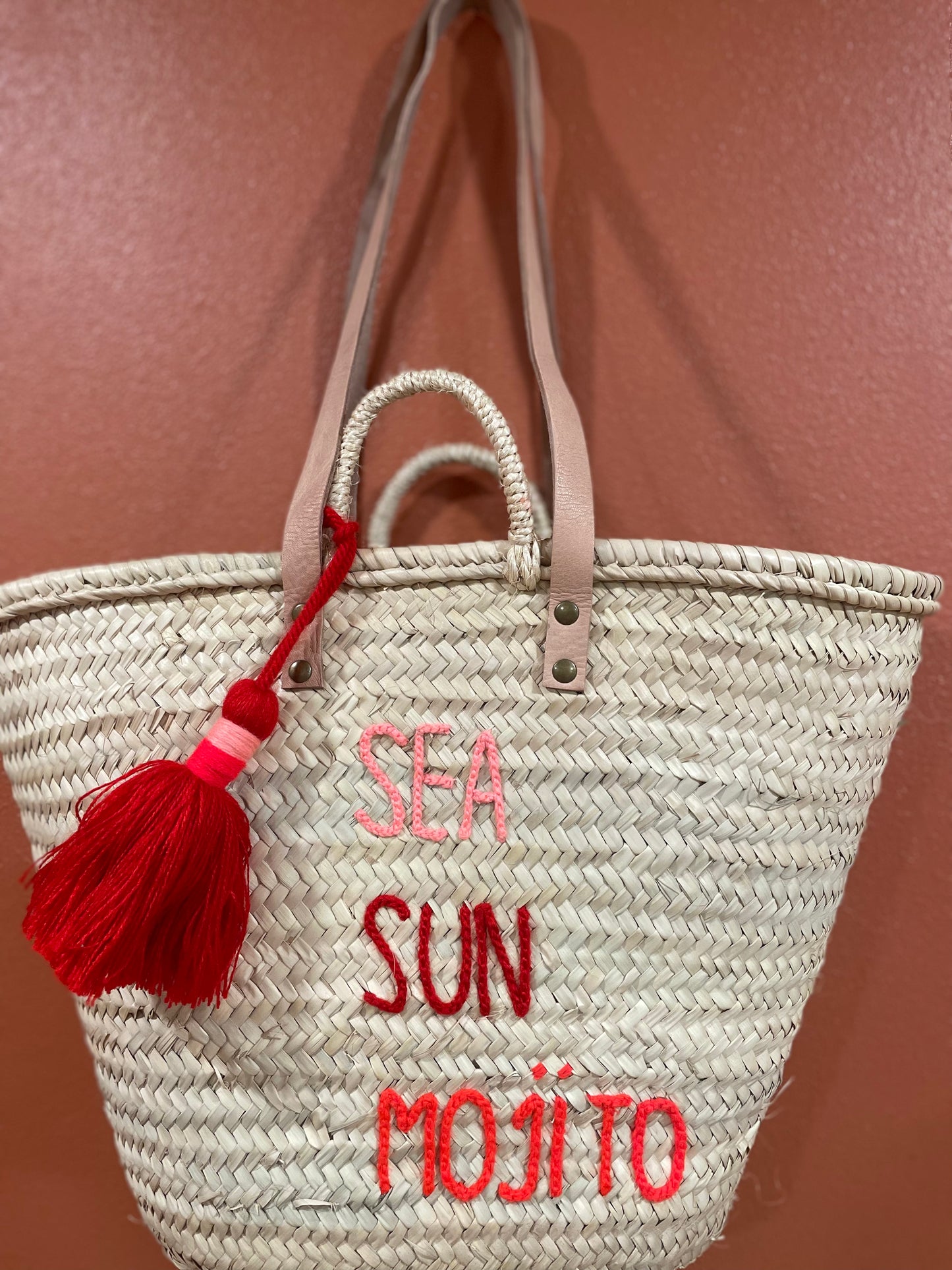 Moroccan Basket Bag "SEA, SUN, MOJITO" Corail