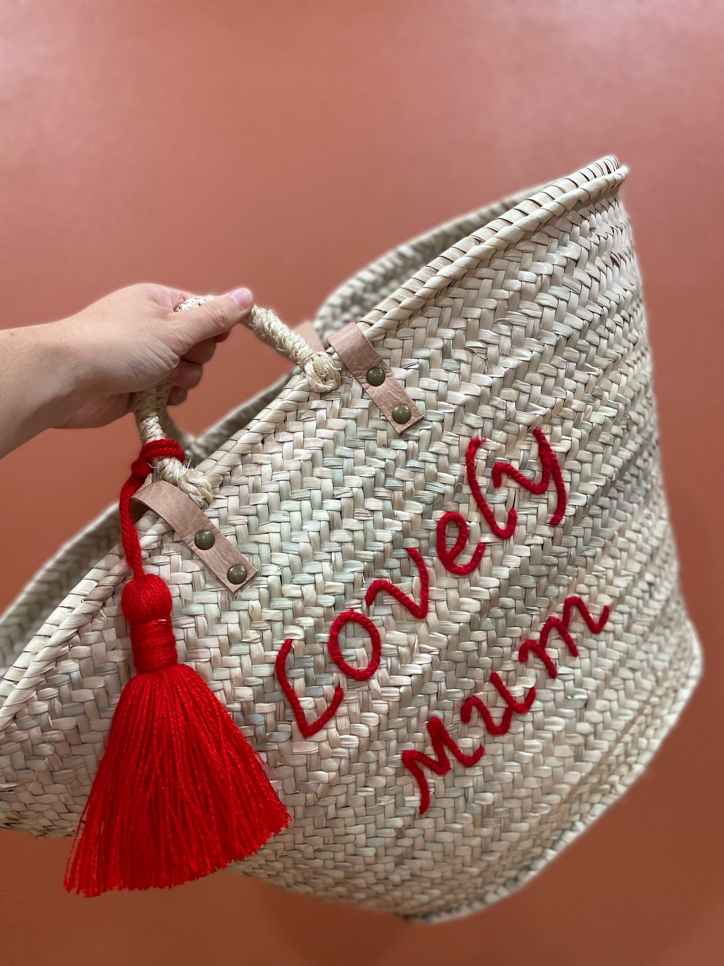 Moroccan Basket Bag "LOVELY MUM" Red