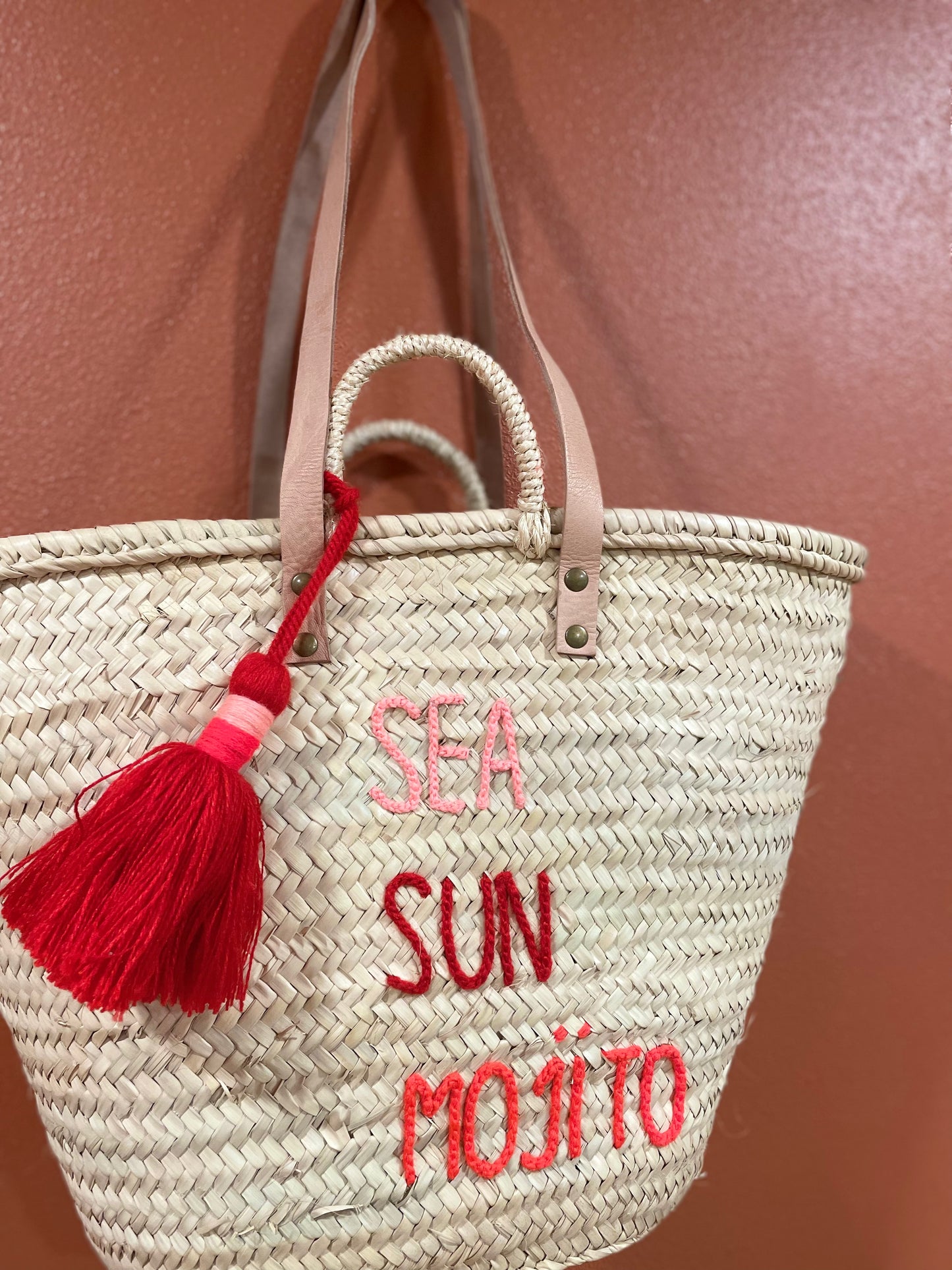 Moroccan Basket Bag "SEA, SUN, MOJITO" Corail