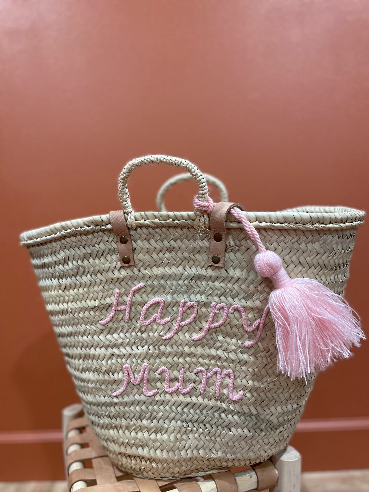 Moroccan Basket Bag "HAPPY MUM" Pink