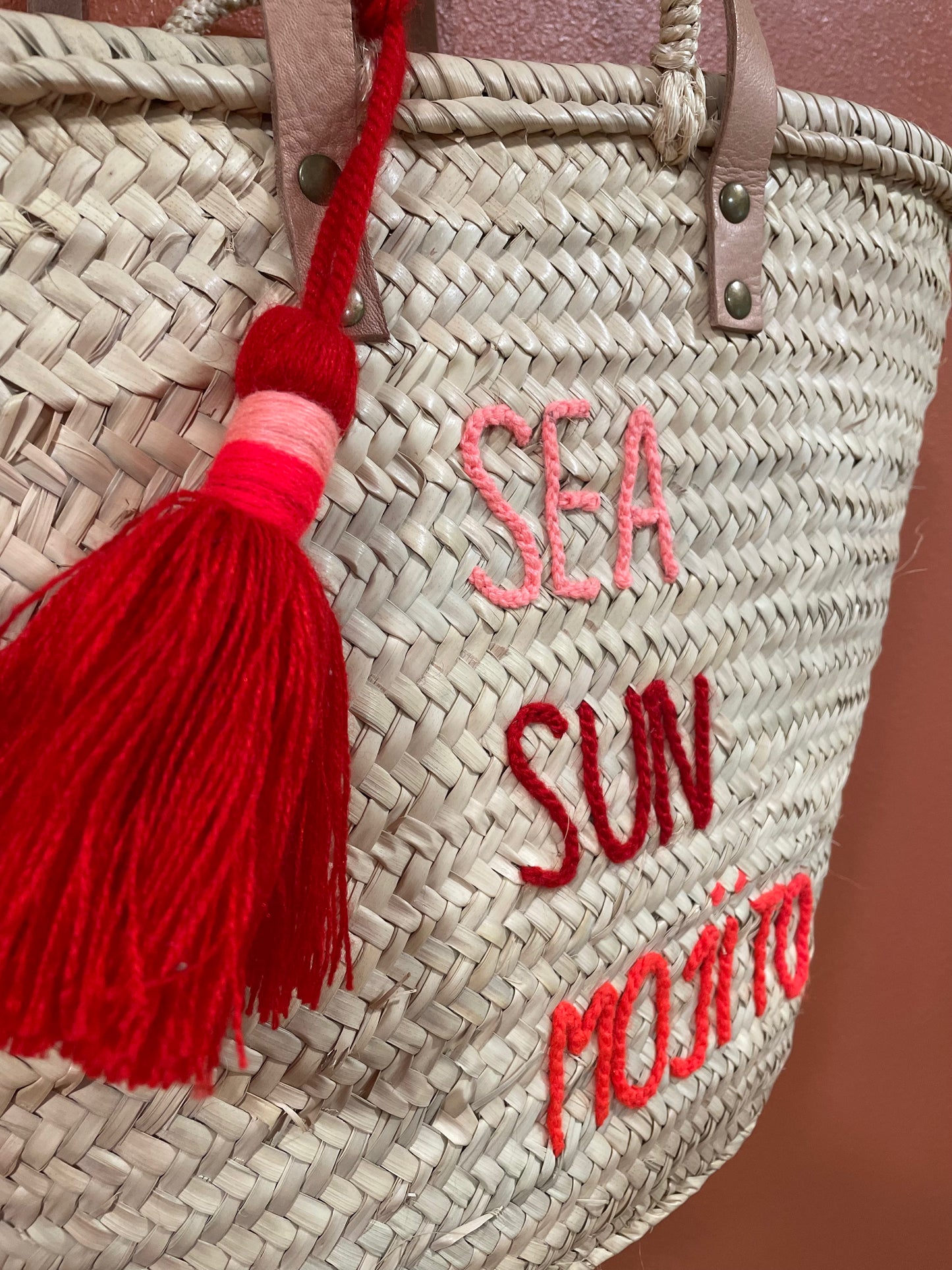 Moroccan Basket Bag "SEA, SUN, MOJITO" Corail
