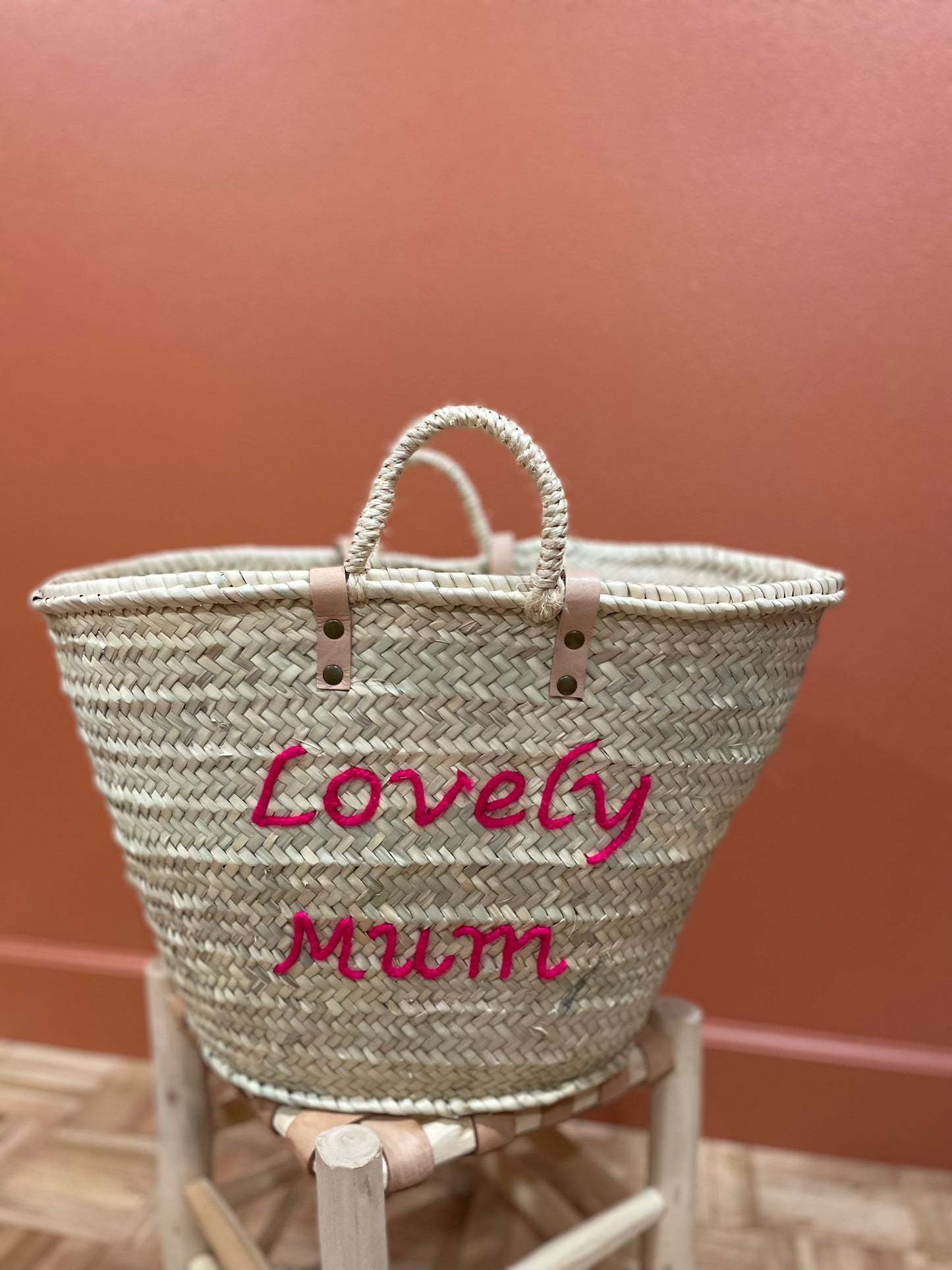 Moroccan Basket Bag "LOVELY MUM" Pink