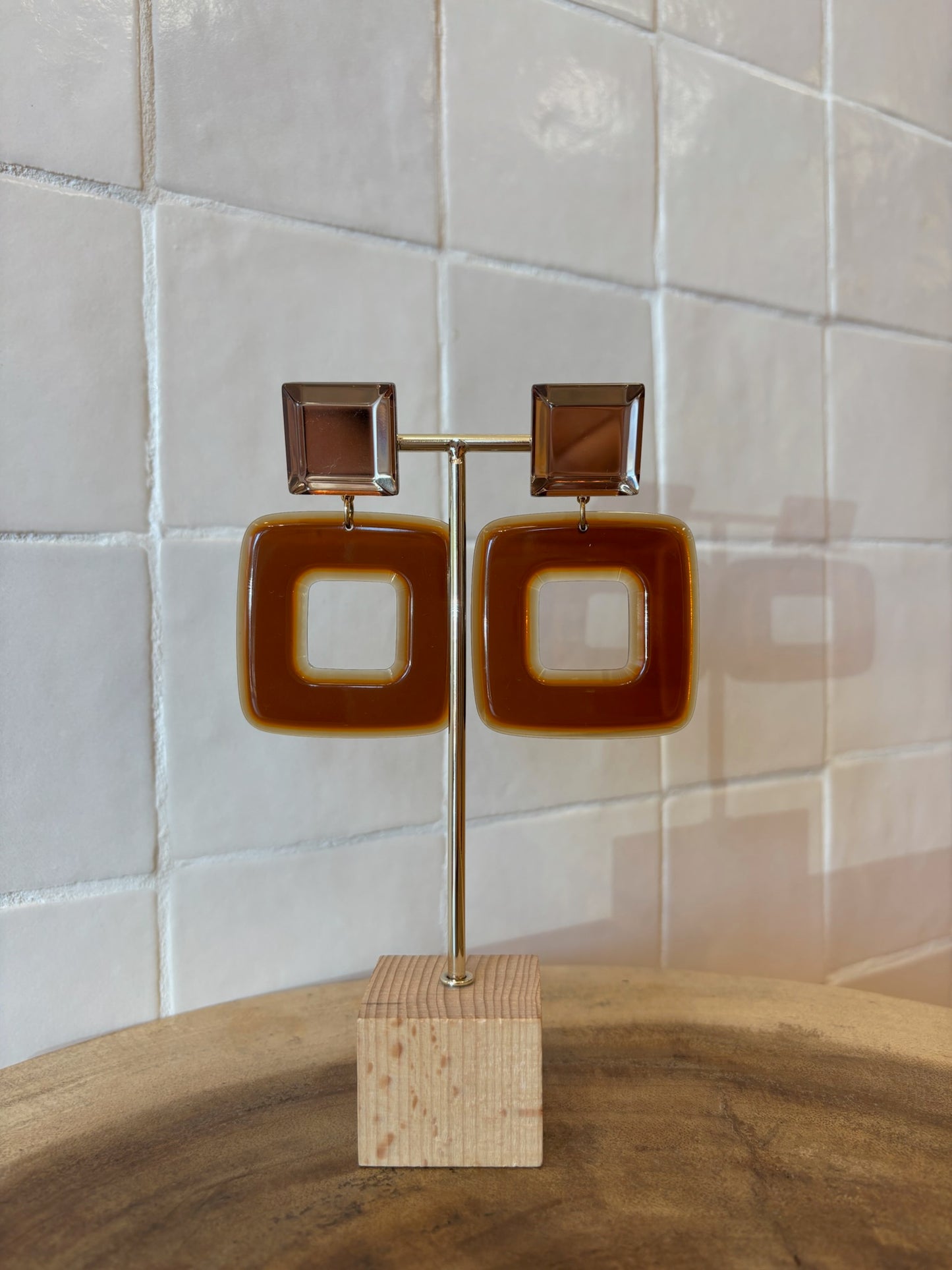 Leya square earrings brown transparent & mirror