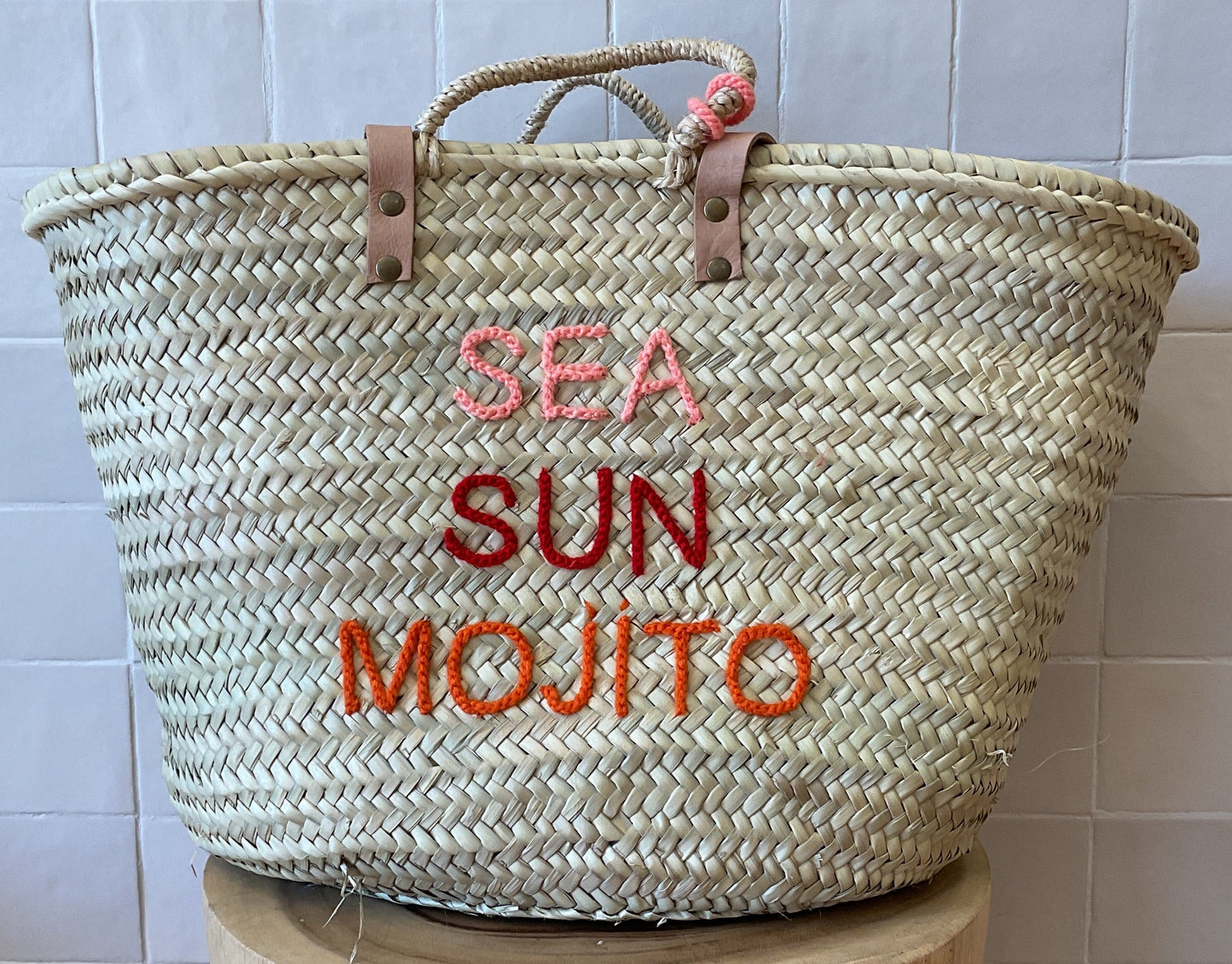 Moroccan Basket Bag "SEA, SUN, MOJITO" Corail