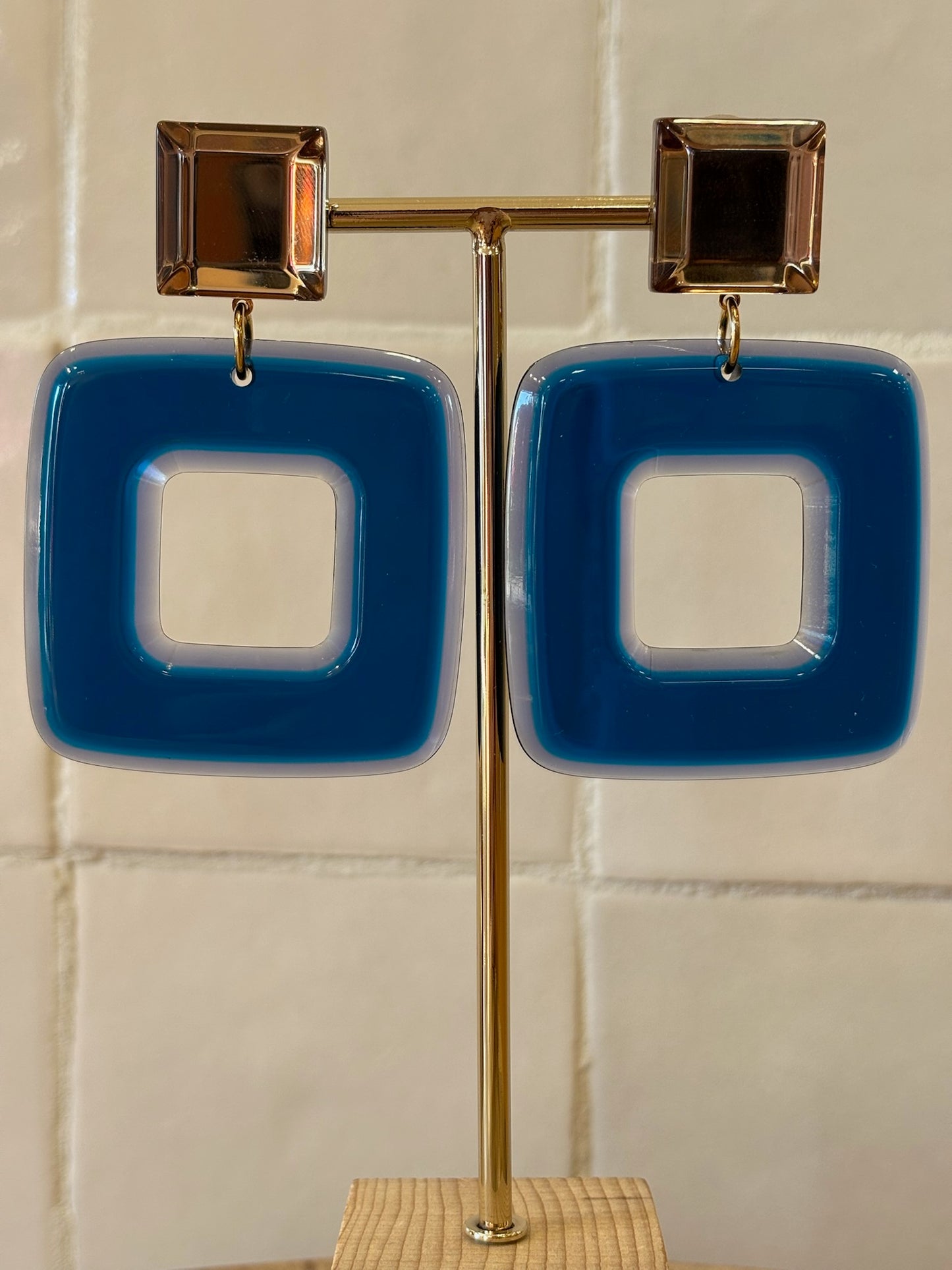 Leya square earrings blue transparent & mirror
