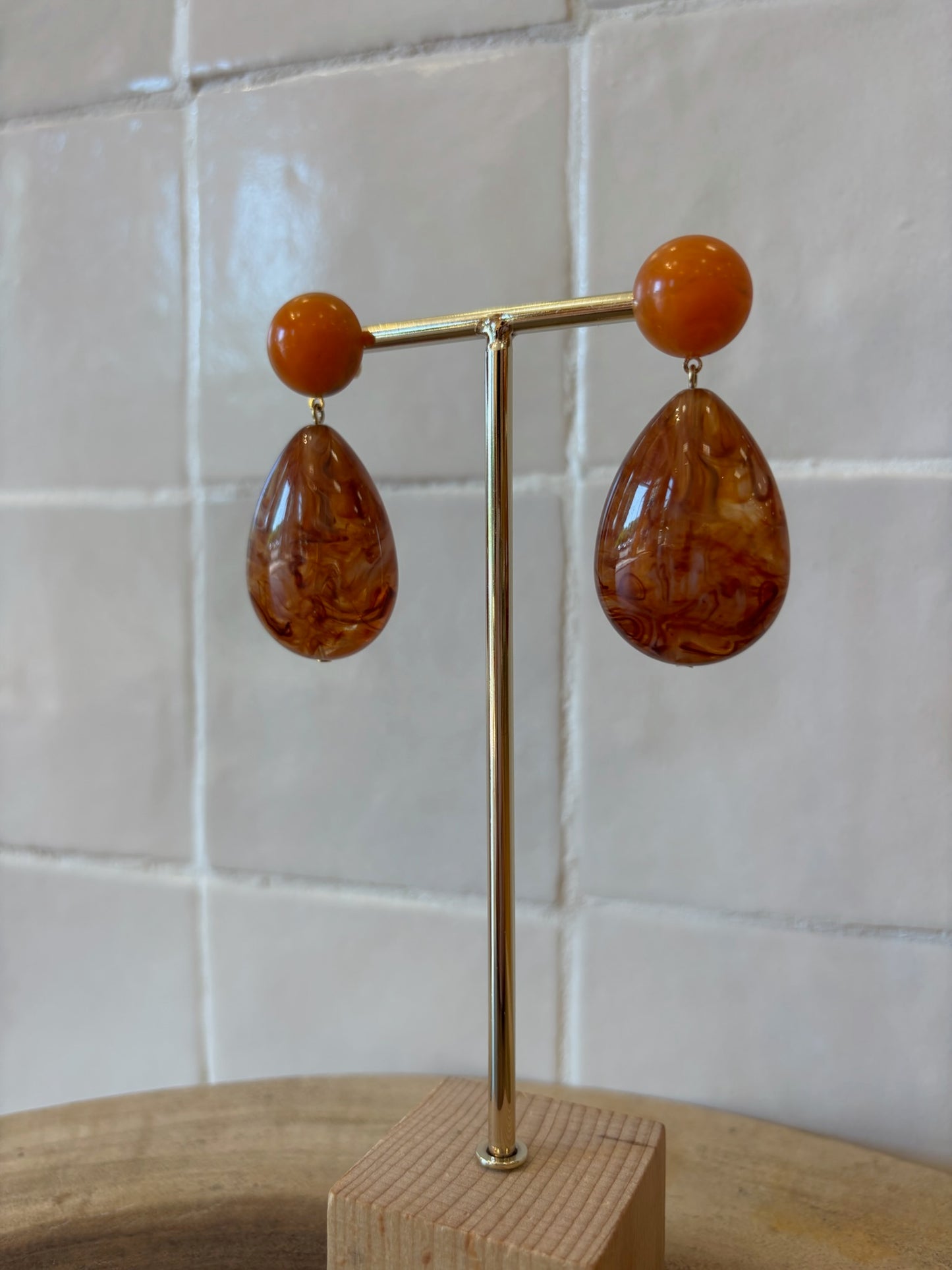 Cuba Pierced Earrings caramel brown amber transparent marble