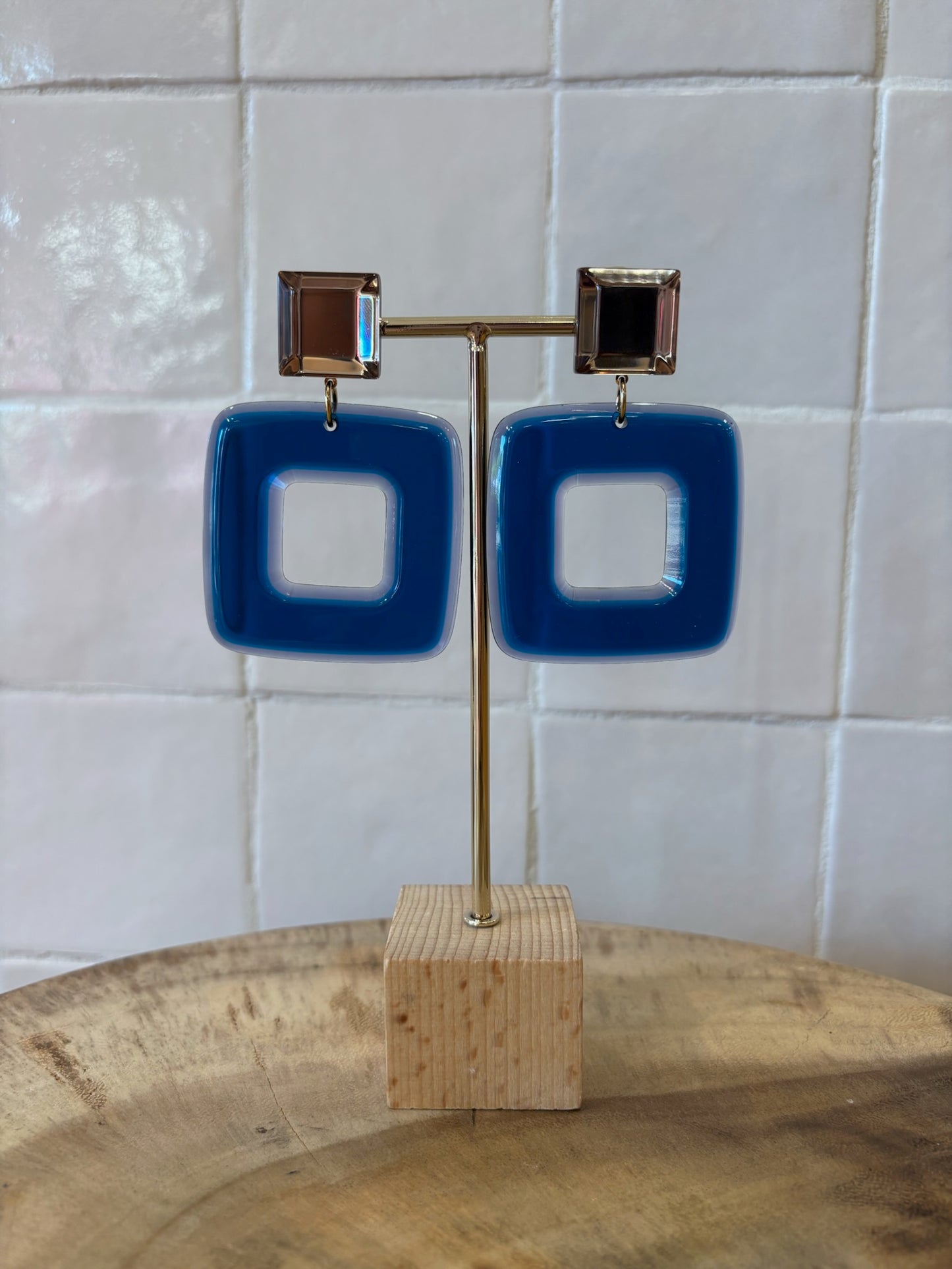Leya square earrings blue transparent & mirror