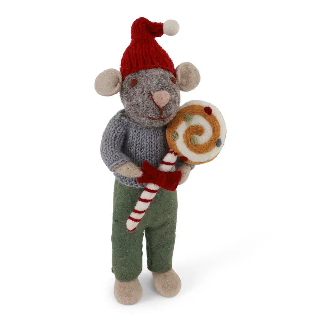 Medium Grey Boy Mouse with Christmas Candy