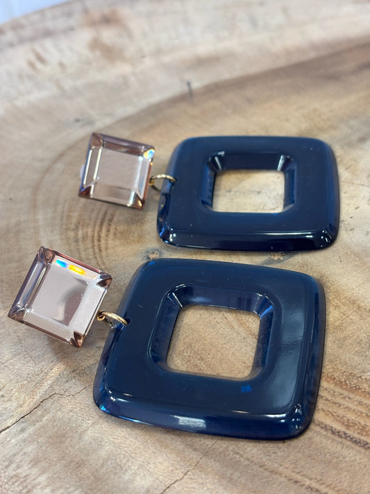 Leya square earrings blue transparent & mirror