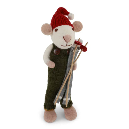 Medium White Boy Mouse with Green Pants & Ski