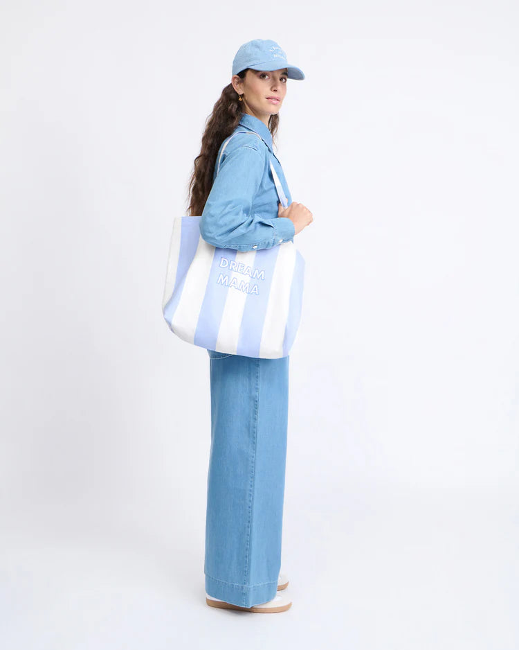 Tote Bag embroidered "Dream Mama" stripes blue & white