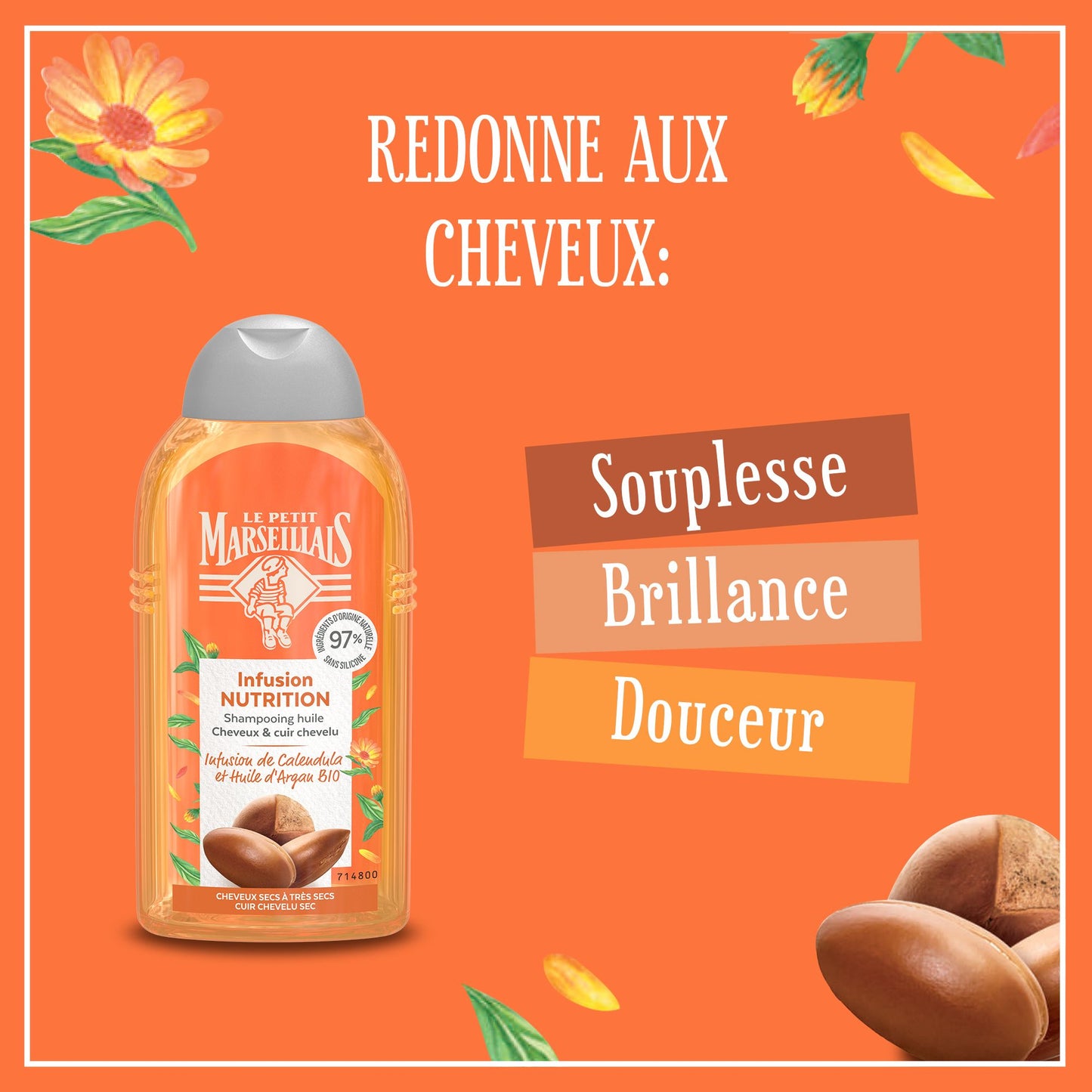 Shampoo w/ calendula flower & argent oil organic - Le Petit Marseillais 25cl (18.5 fl oz)