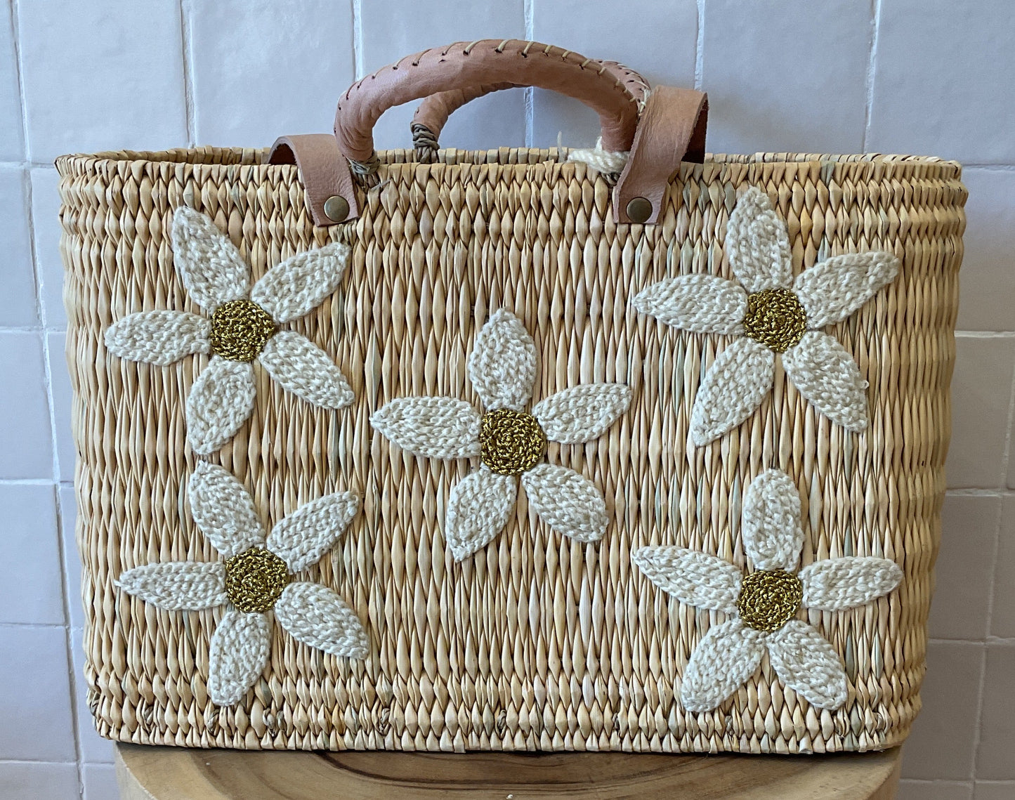 Moroccan Bag Five Flowers White & Gold