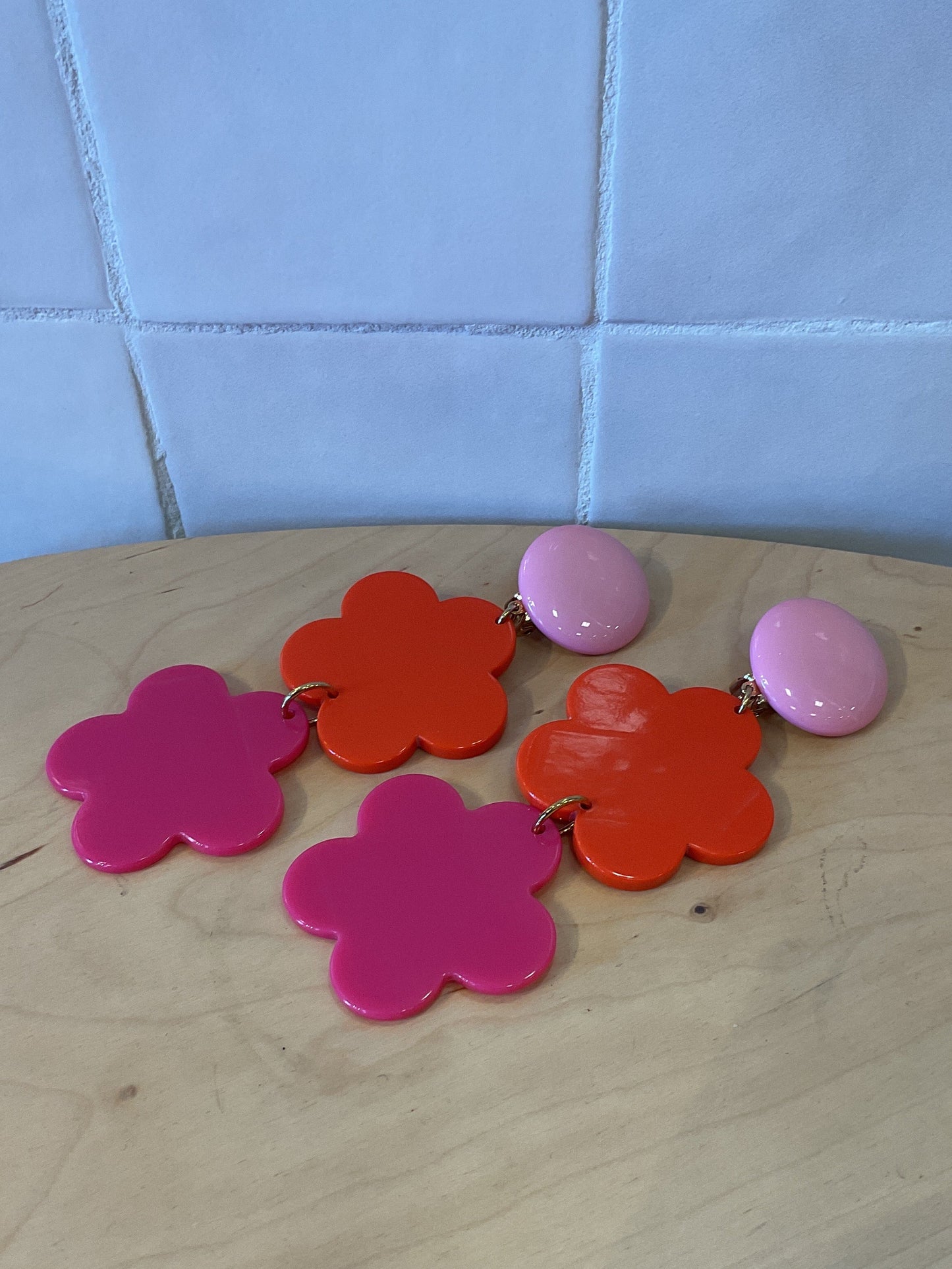Retro Flower Large Pink Orange Earrings