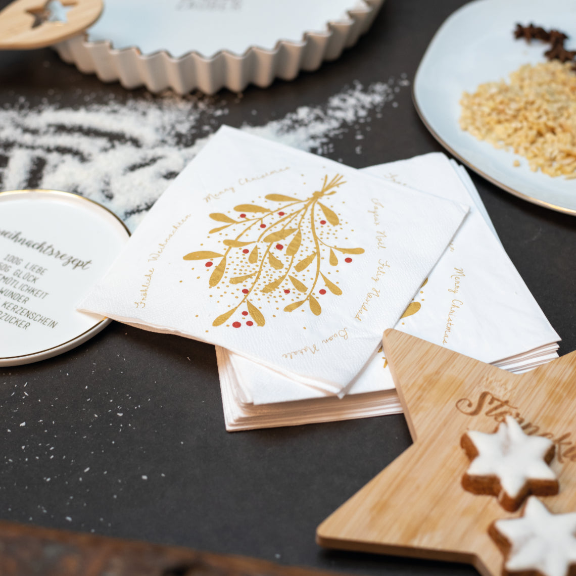 Paper Napkin “Joyeux Noël Mistletoe” White and gold