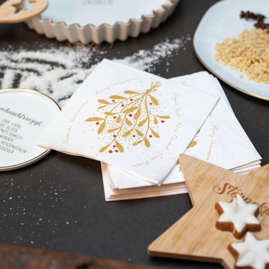 Paper Napkin “Joyeux Noël Mistletoe” White and gold