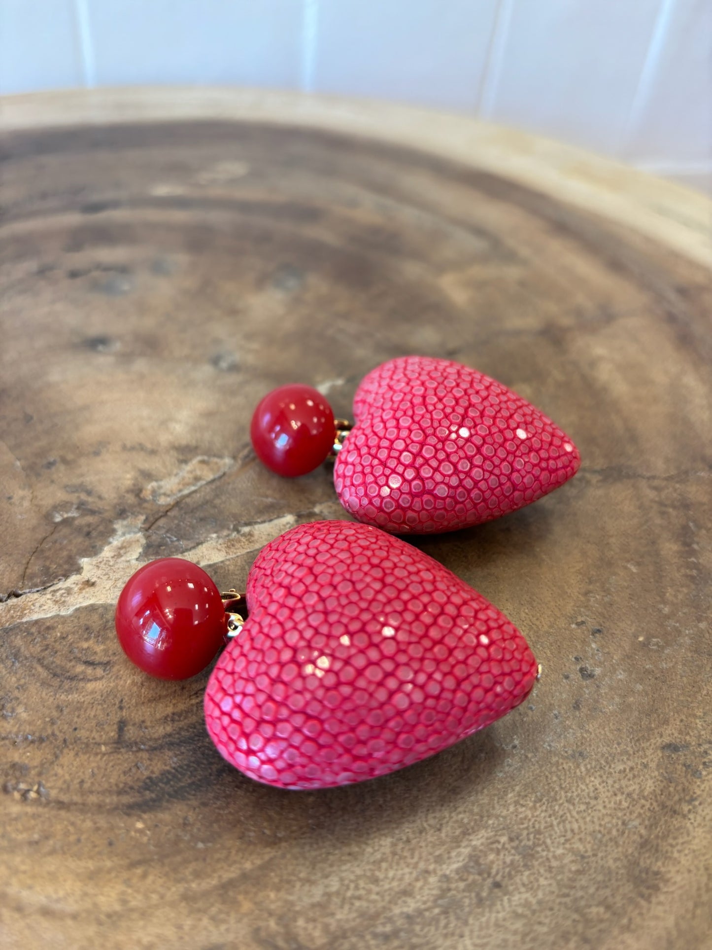 Heart XL Clip Earrings Galuchat Leather Raspberry Pink