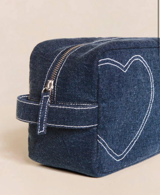 Denim Heart Toiletry Bag Blue