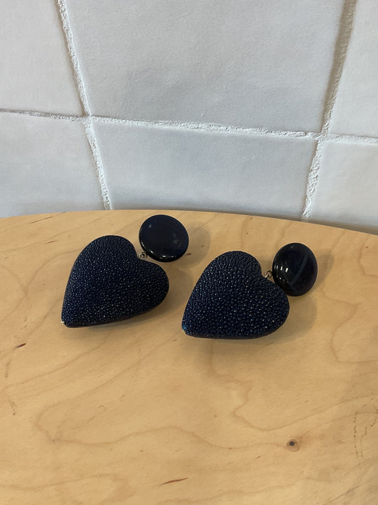 Heart XL Pierced Earrings Galuchat Leather Blue Navy