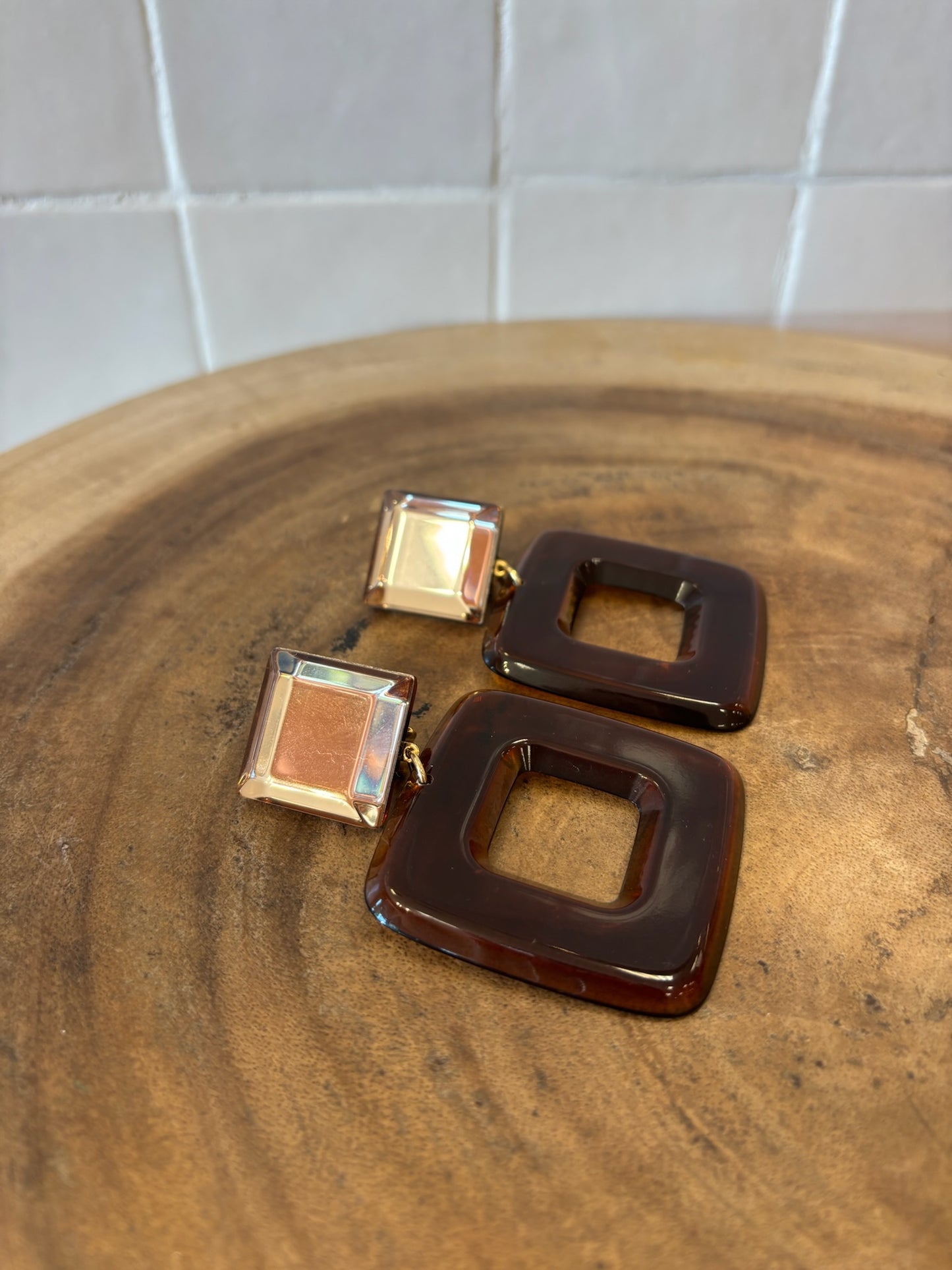 Leya square earrings brown transparent & mirror