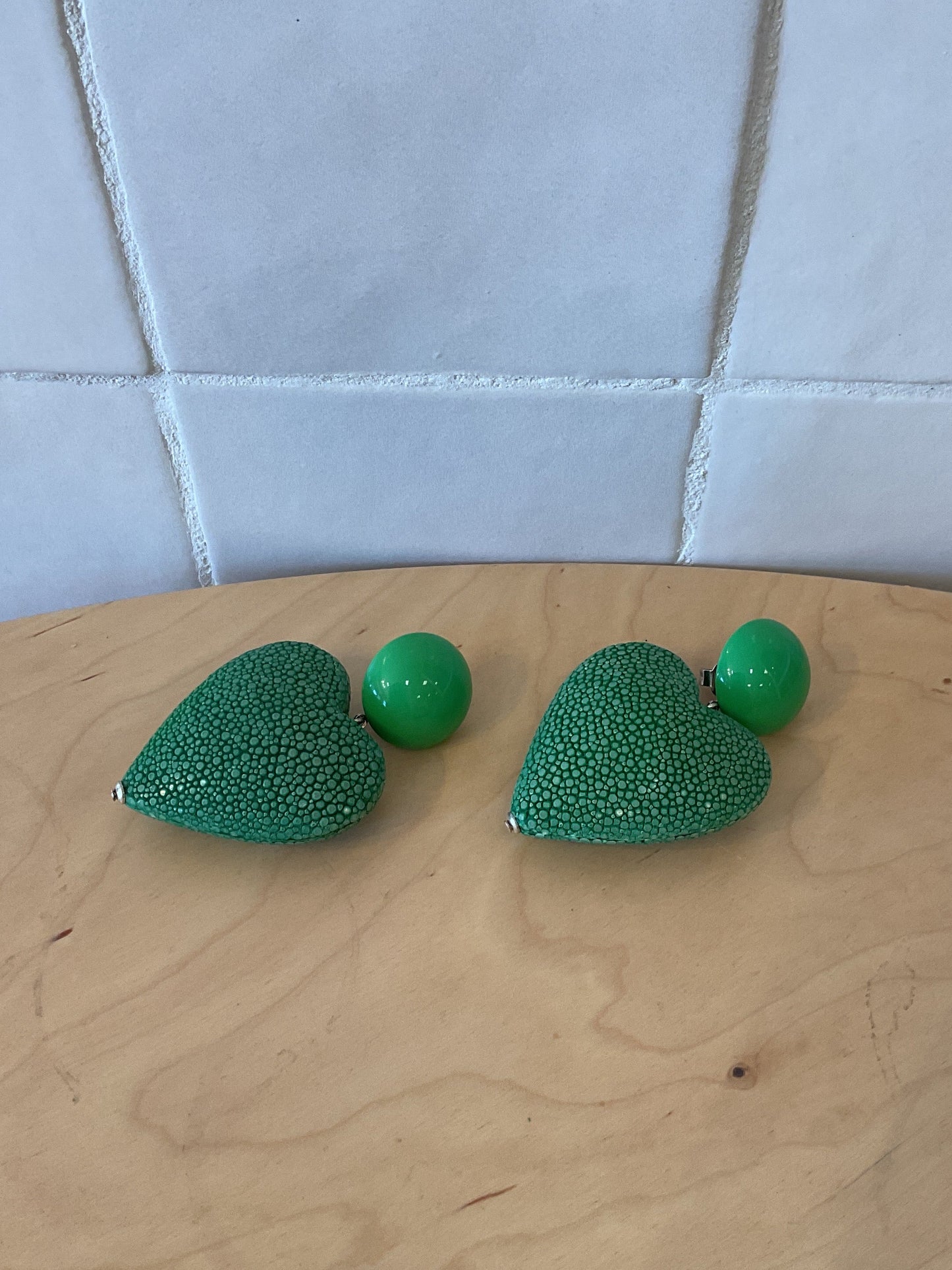 Heart XL Pierced Earrings Galuchat Leather Green