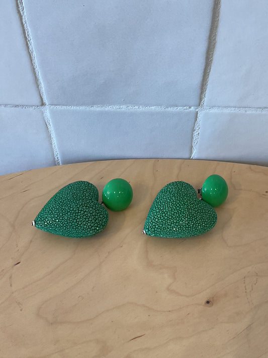 Heart XL Pierced Earrings Galuchat Leather Green