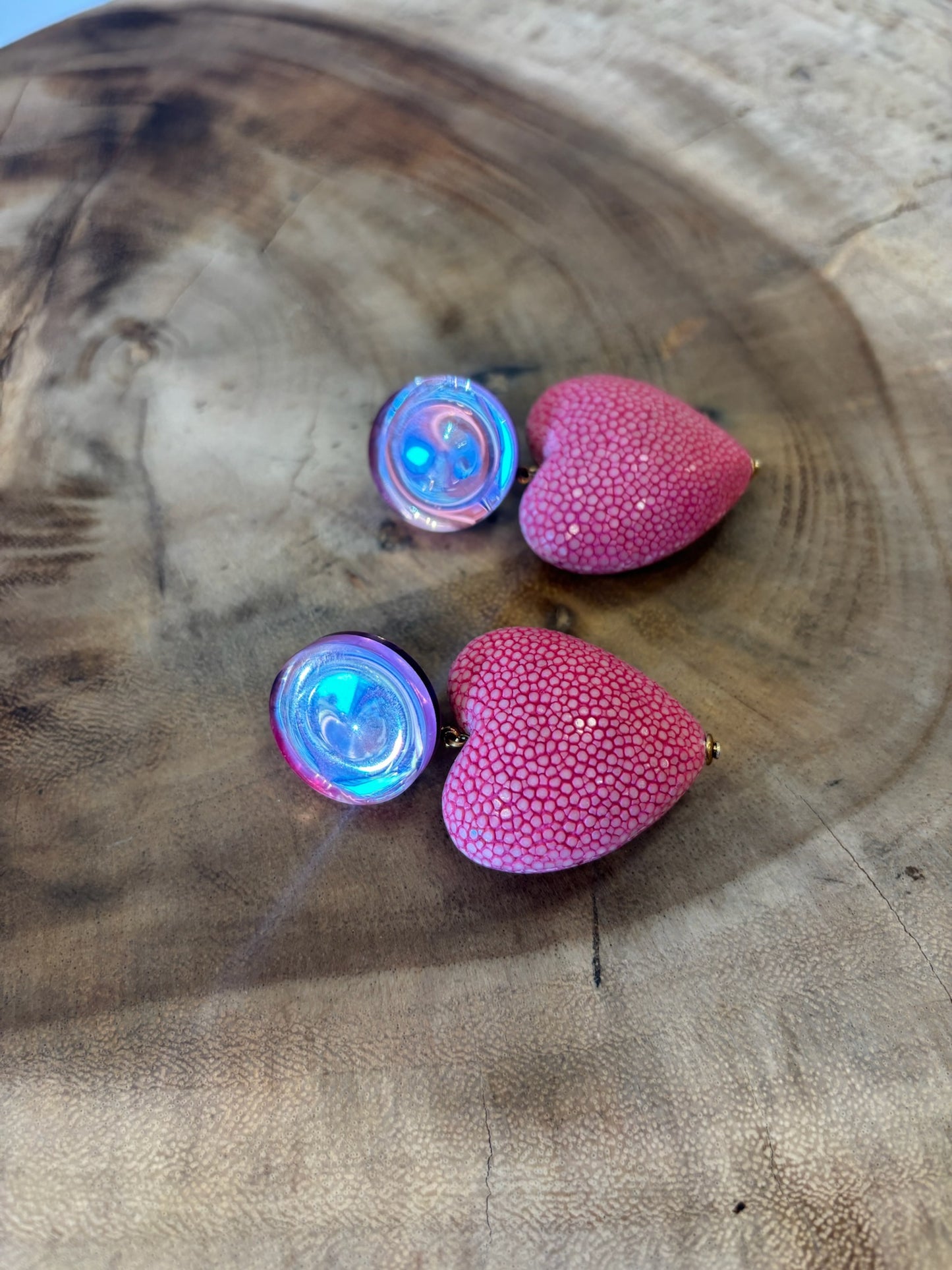 Heart Earrings Galuchat Leather Pink