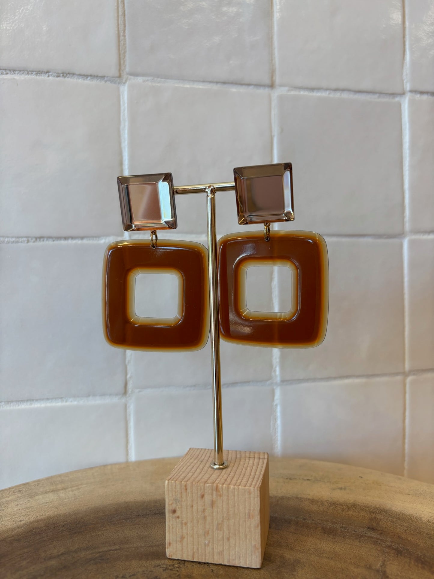Leya square earrings brown transparent & mirror