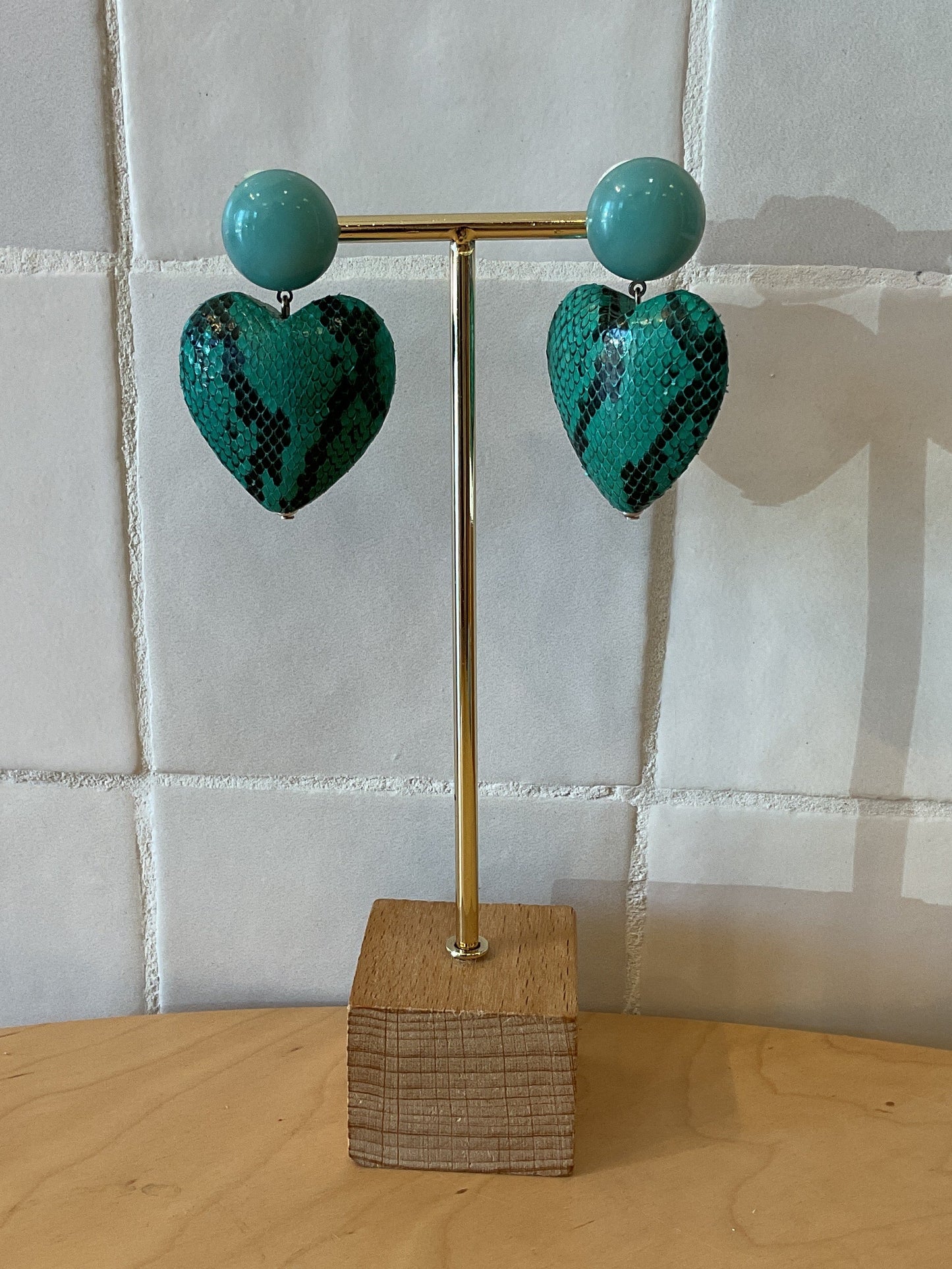 Heart Medium Pierced Earrings Snake Leather Turquoise