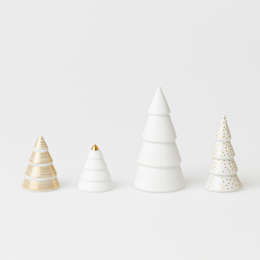 Gold Winter Village Porcelain Fir trees - Set of 4