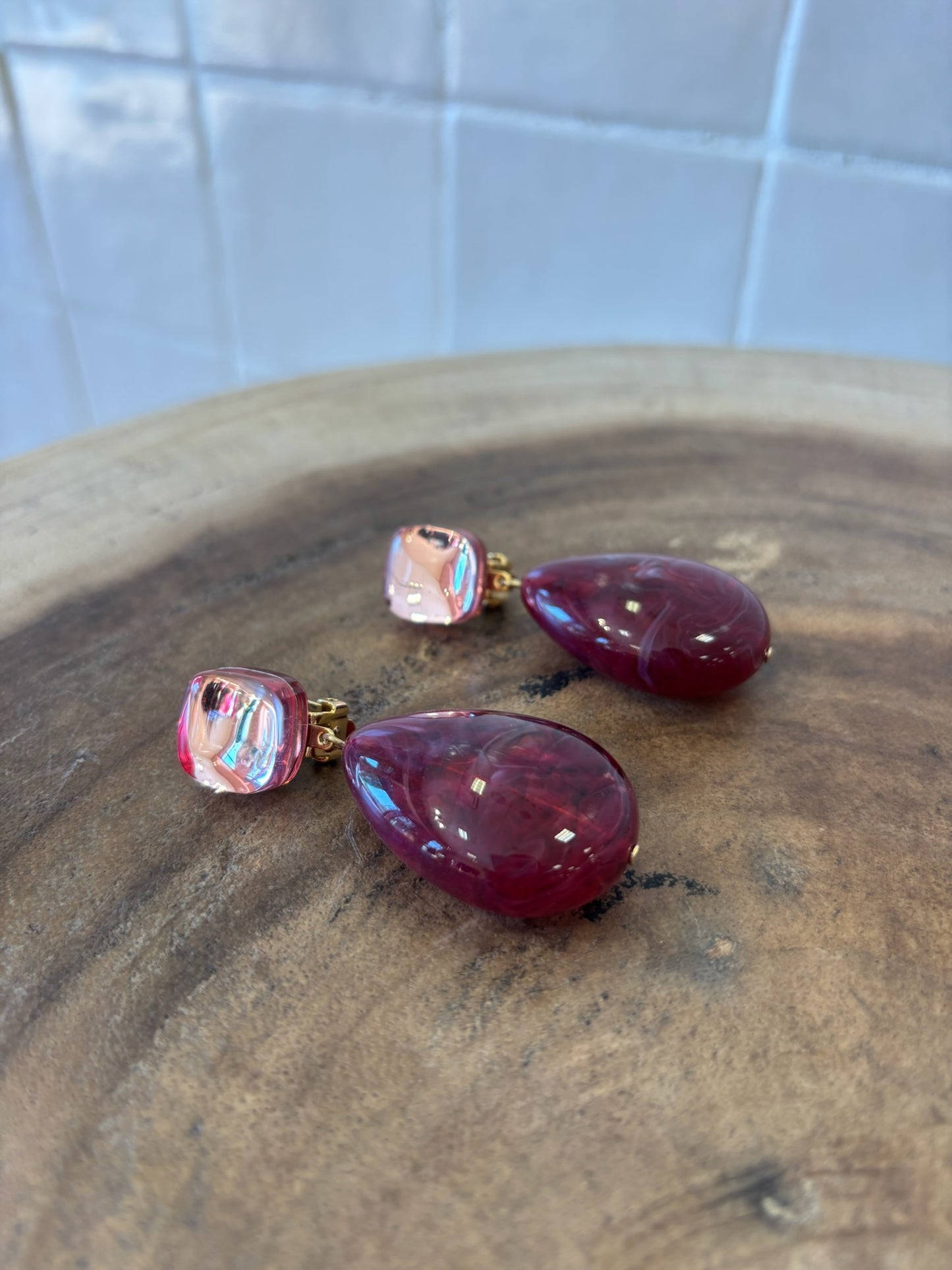 Cuba Earrings Raspberry burgundy marble & mirror