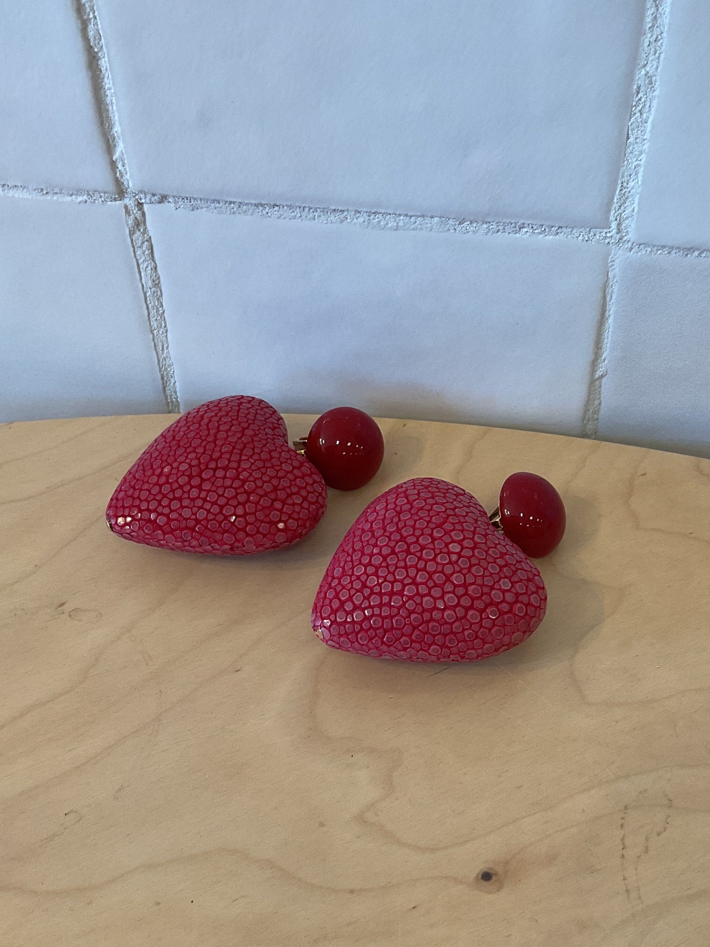 Heart XL Pierced Earrings Galuchat Leather Red