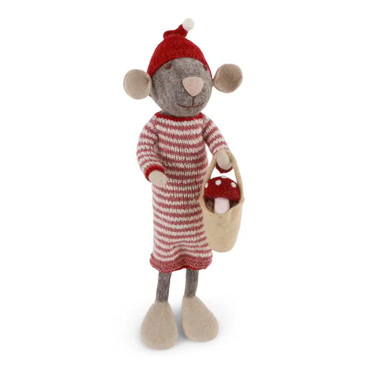 X-Large Grey Girly mouse in dress with mushroom in bucket