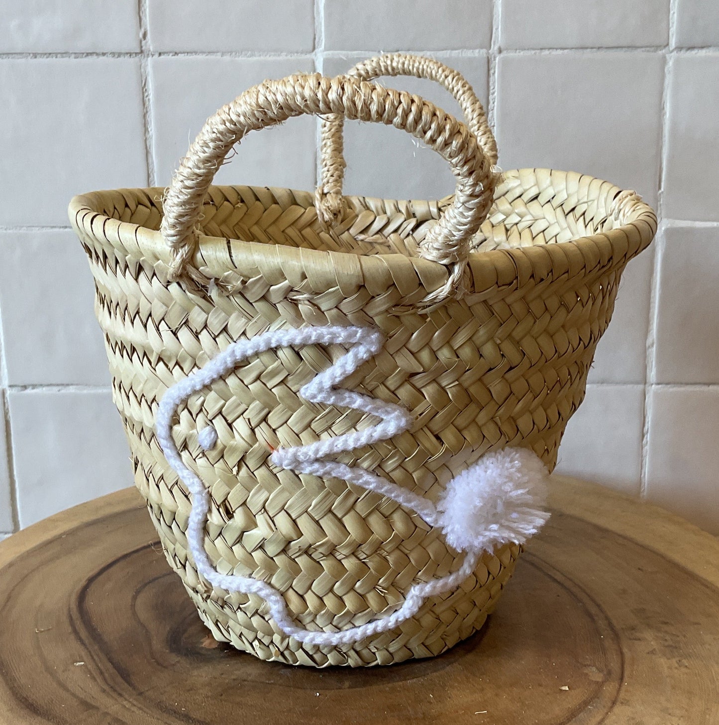 Moroccan Basket Bag Bunny laying Down with Pompom