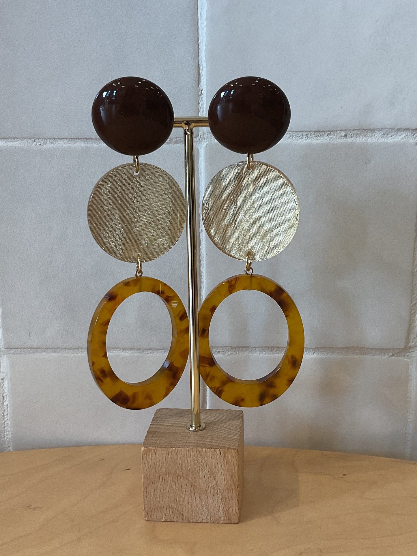 Miel double gold clip-on Earrings brown - Francine Bramli