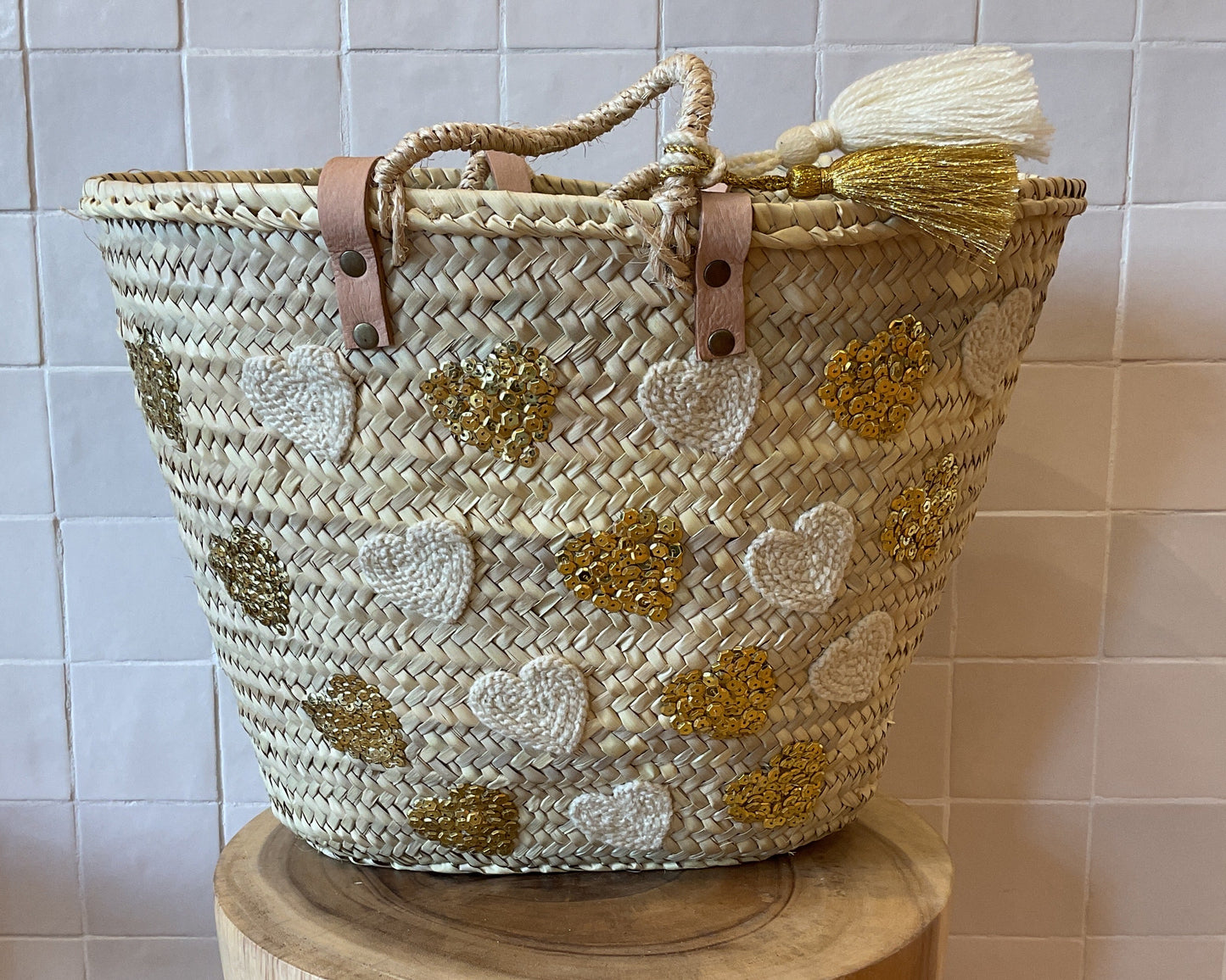 Moroccan Basket Multi White & Gold Sequins Hearts (2P)